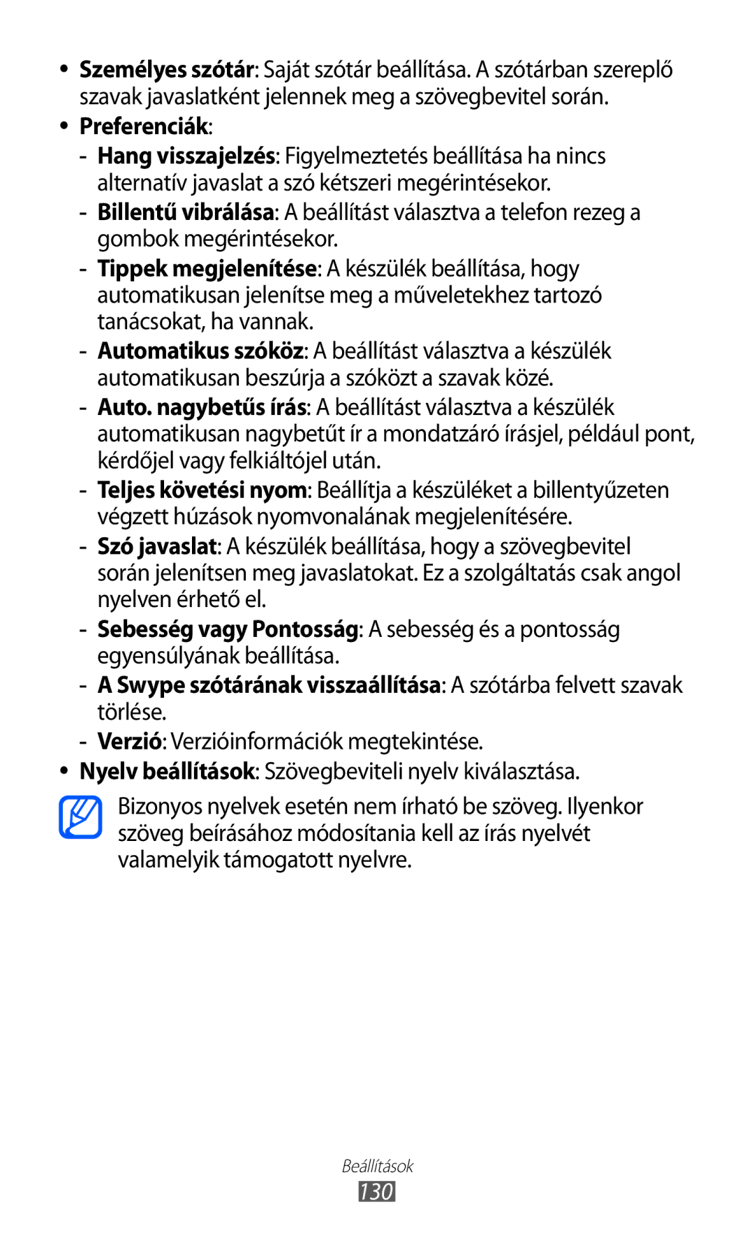 Samsung GT-S6500RWAVDH, GT-S6500RWAVGR, GT-S6500XKAVGR, GT-S6500ZYADBT, GT-S6500ZYDXEO, GT-S6500XKASWR manual Preferenciák, 130 