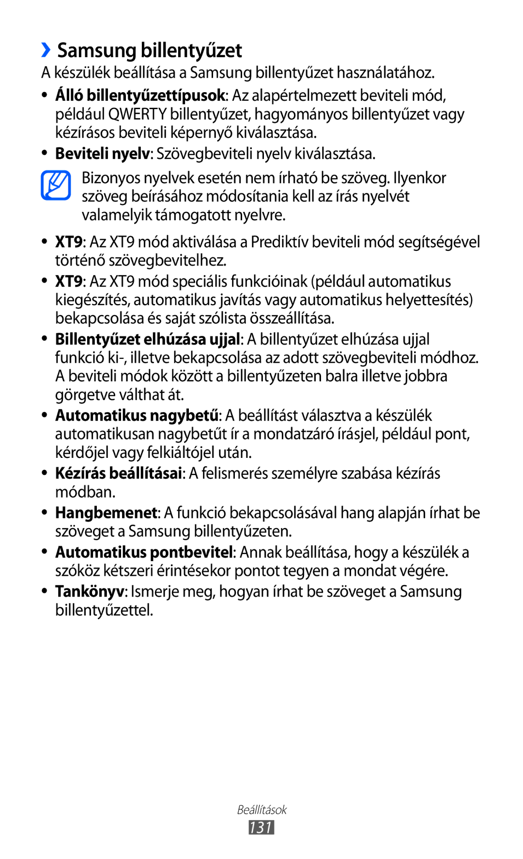 Samsung GT2S6500ZYDPAN manual ››Samsung billentyűzet, Készülék beállítása a Samsung billentyűzet használatához, 131 