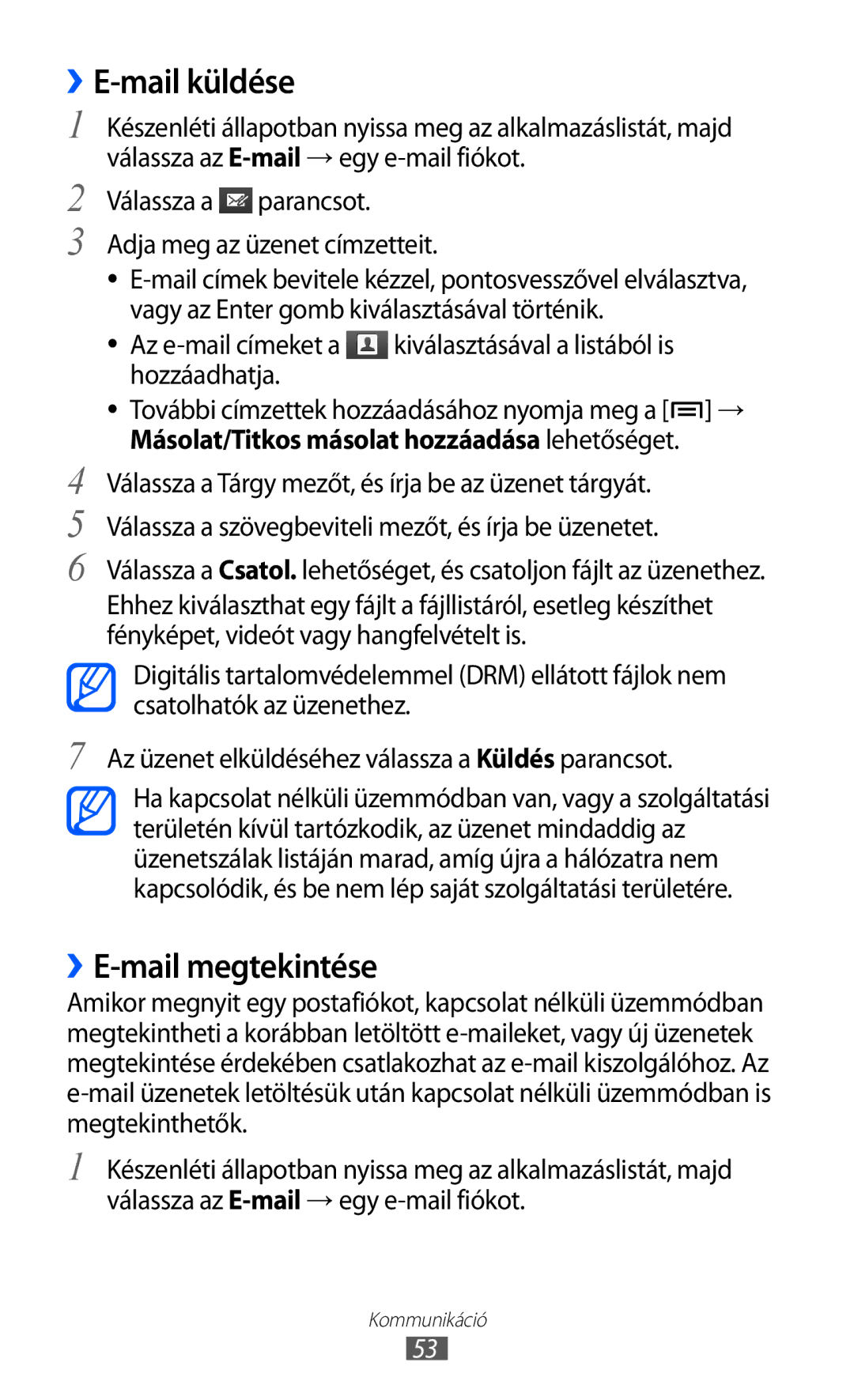 Samsung GT-S6500RWDCOA, GT-S6500RWAVGR manual ››E-mail megtekintése, Válassza a parancsot Adja meg az üzenet címzetteit 
