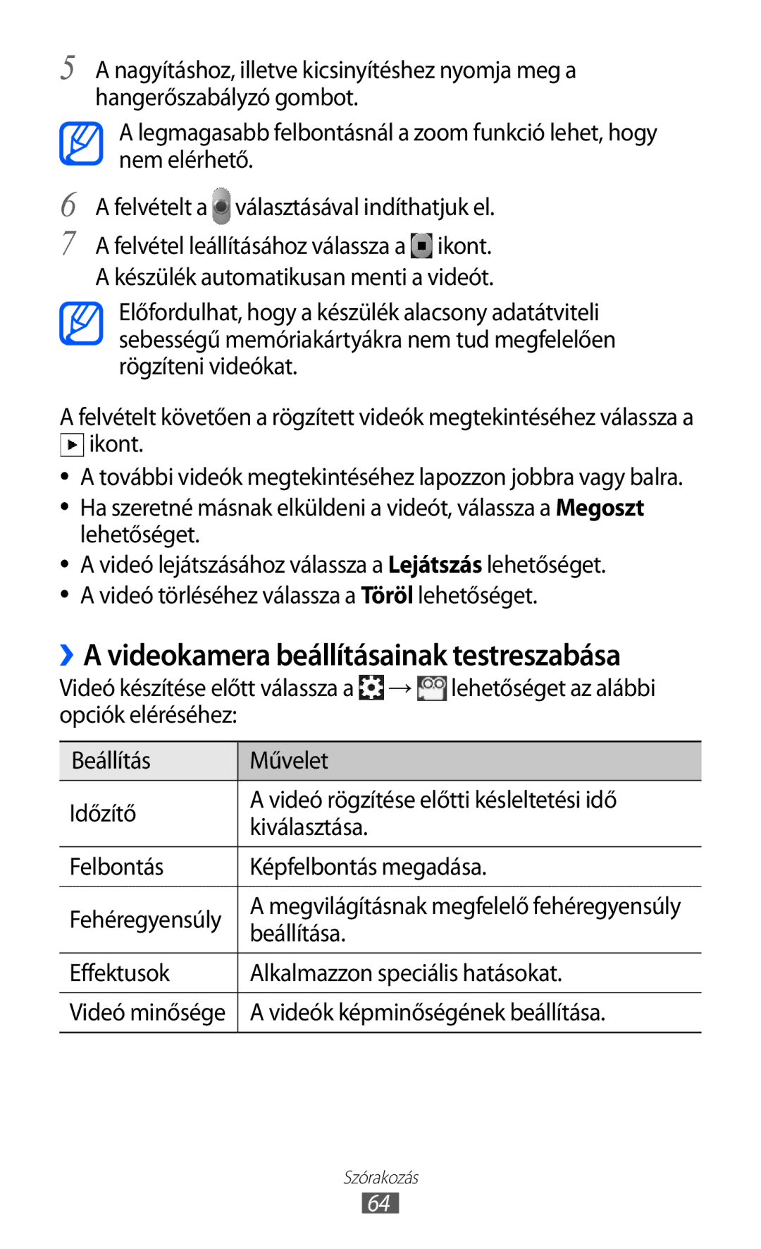 Samsung GT-S6500XKGMOB manual ››A videokamera beállításainak testreszabása, Effektusok Alkalmazzon speciális hatásokat 