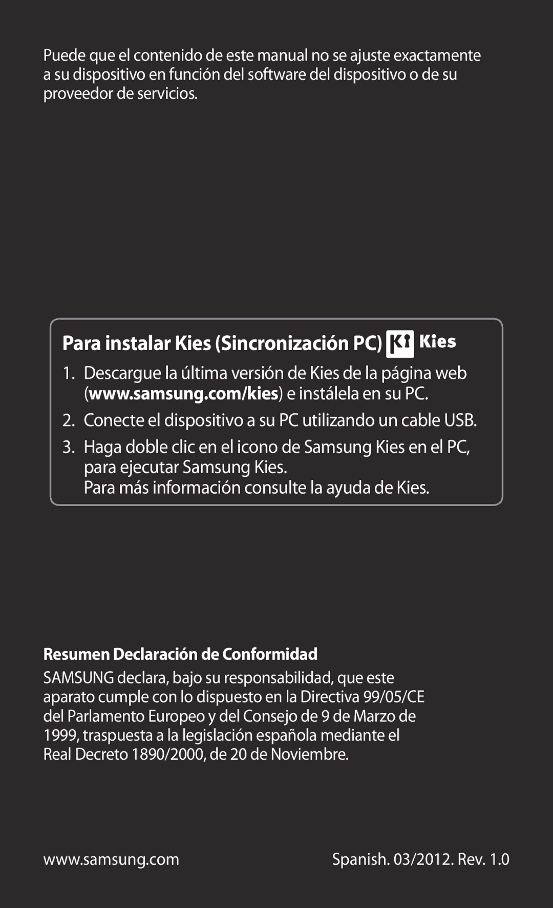 Samsung GT-S6500RWAITV, GT-S6500RWDTMN, GT-S6500XKADBT, GT-S6500ZYADBT manual Para instalar Kies Sincronización PC 