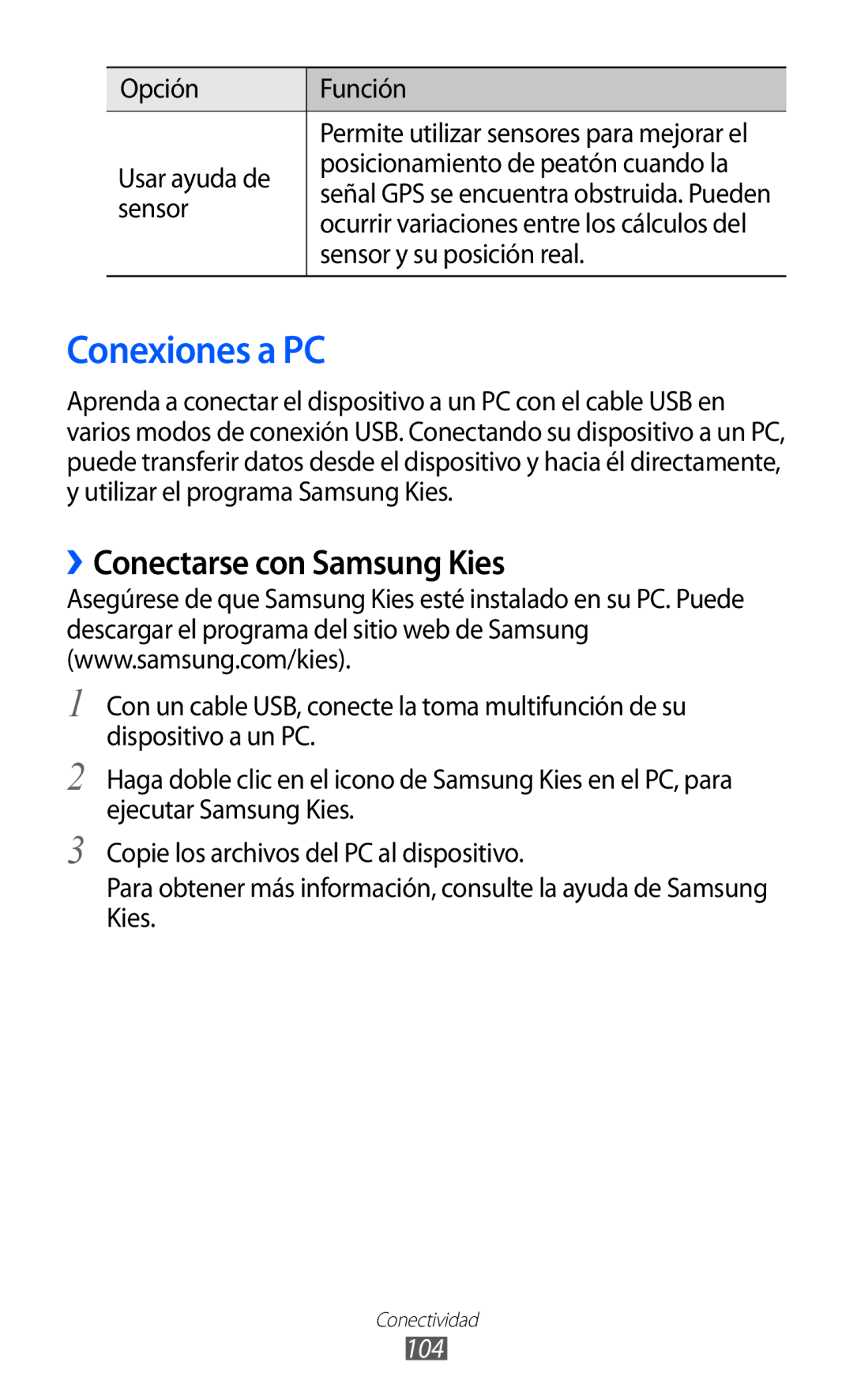 Samsung GT-S6500ZYAATO, GT-S6500RWDTMN, GT-S6500RWAITV, GT-S6500XKADBT Conexiones a PC, ››Conectarse con Samsung Kies, 104 