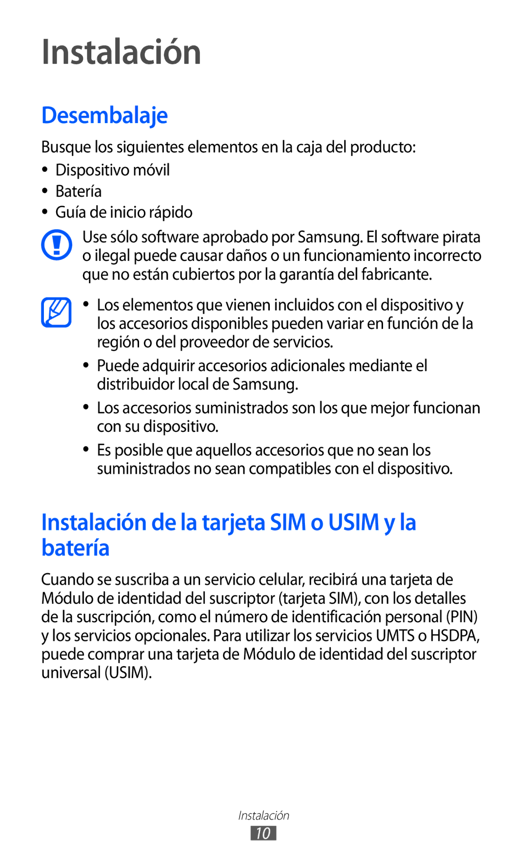 Samsung GT-S6500ZYDVDP, GT-S6500RWDTMN, GT-S6500RWAITV Desembalaje, Instalación de la tarjeta SIM o Usim y la batería 