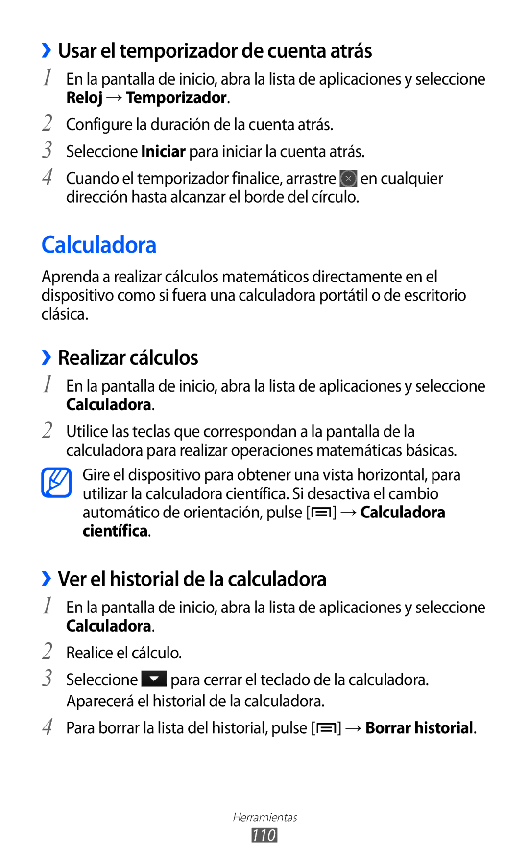 Samsung GT-S6500HAAPHE, GT-S6500RWDTMN manual Calculadora, ››Usar el temporizador de cuenta atrás, ››Realizar cálculos, 110 