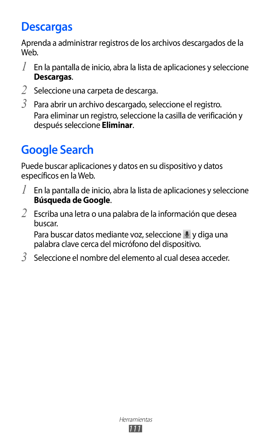 Samsung GT-S6500RWDTPH manual Descargas, Google Search, Seleccione el nombre del elemento al cual desea acceder, 111 
