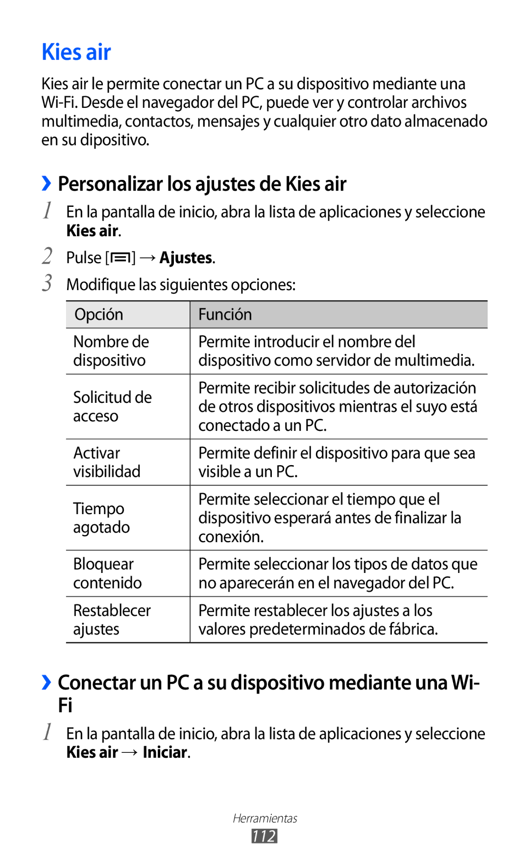 Samsung GT-S6500ZYDPHE ››Personalizar los ajustes de Kies air, ››Conectar un PC a su dispositivo mediante una Wi, 112 