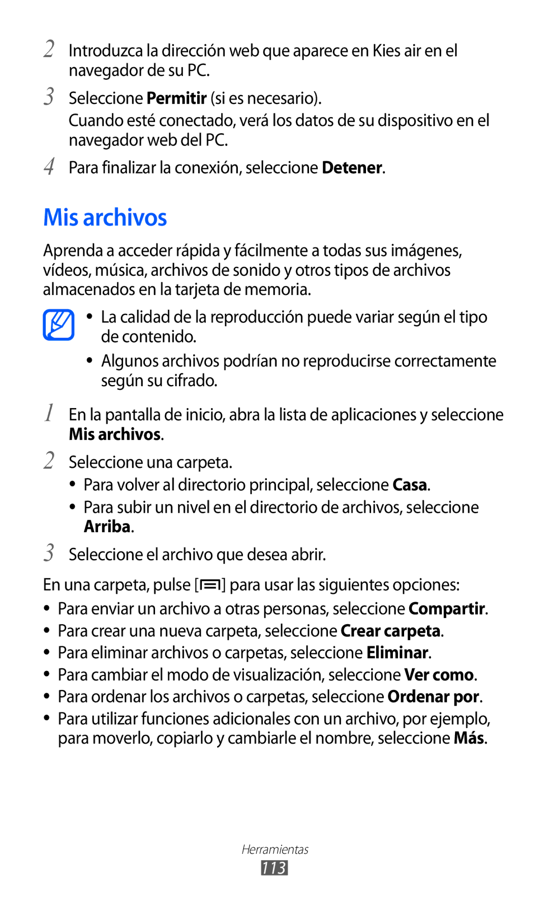 Samsung GT-S6500RWDCOA, GT-S6500RWDTMN manual Mis archivos, Para eliminar archivos o carpetas, seleccione Eliminar, 113 