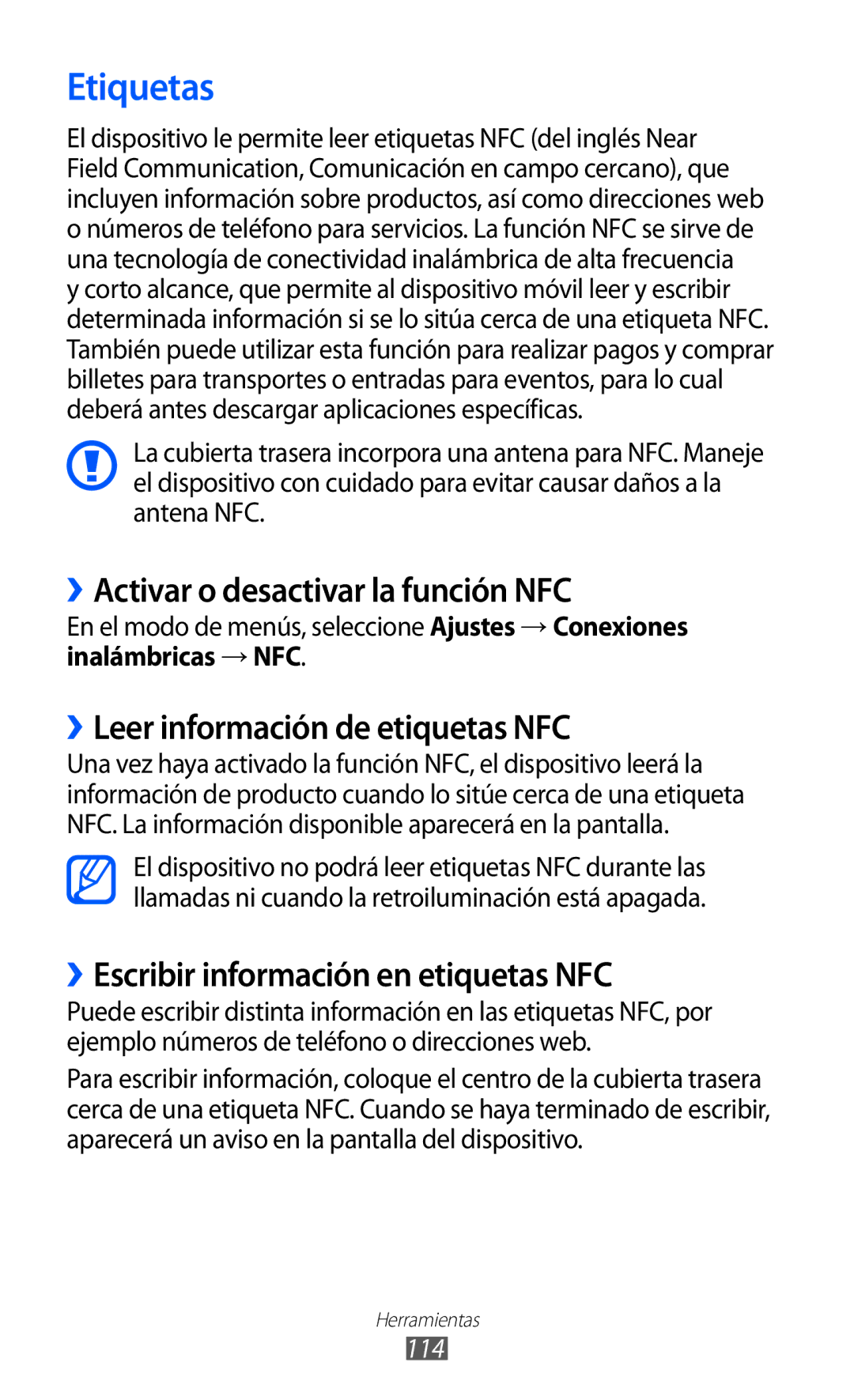 Samsung GT-S6500RWDTMN manual Etiquetas, ››Activar o desactivar la función NFC, ››Leer información de etiquetas NFC 