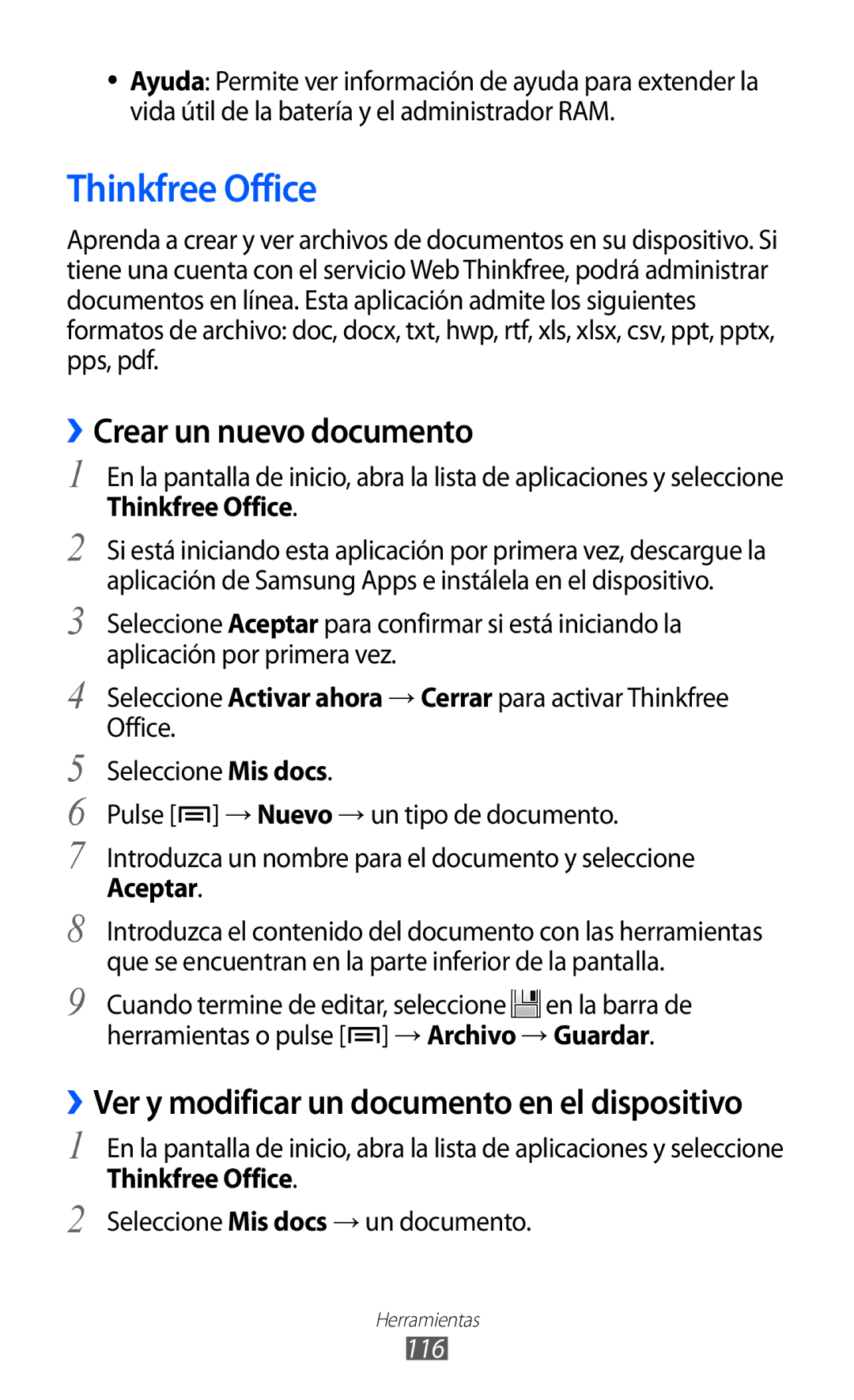 Samsung GT-S6500XKADBT manual Thinkfree Office, ››Crear un nuevo documento, Seleccione Mis docs → un documento, 116 