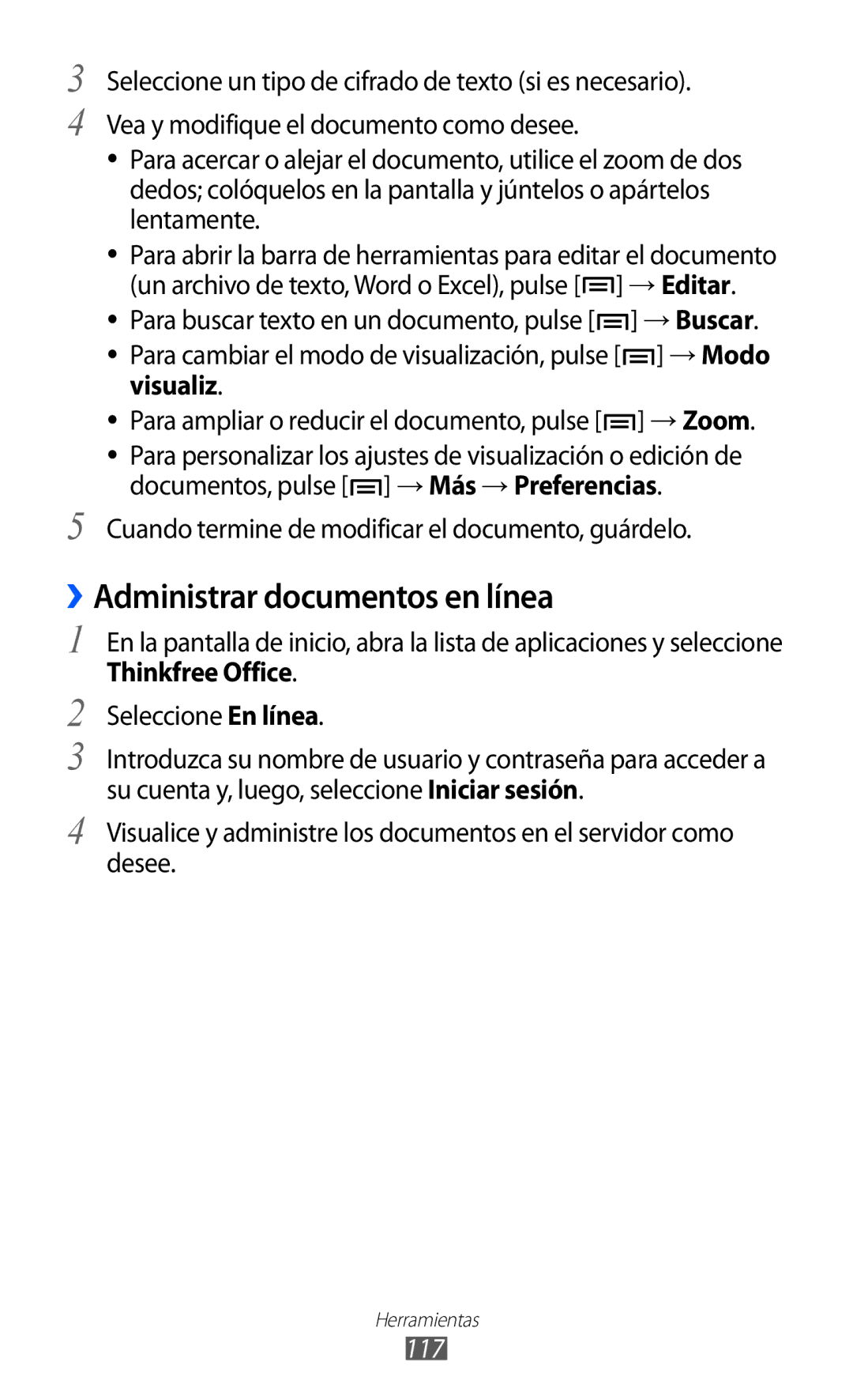 Samsung GT-S6500ZYADBT manual ››Administrar documentos en línea, Cuando termine de modificar el documento, guárdelo, 117 