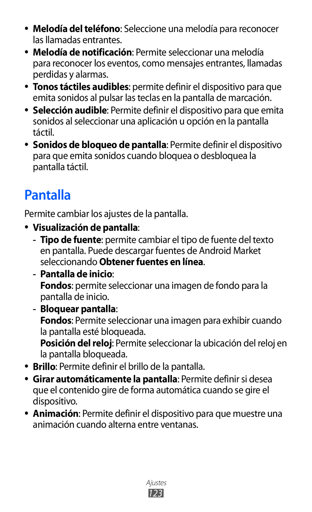 Samsung GT-S6500ZYDMOP, GT-S6500RWDTMN manual Visualización de pantalla, Pantalla de inicio, Bloquear pantalla, 123 