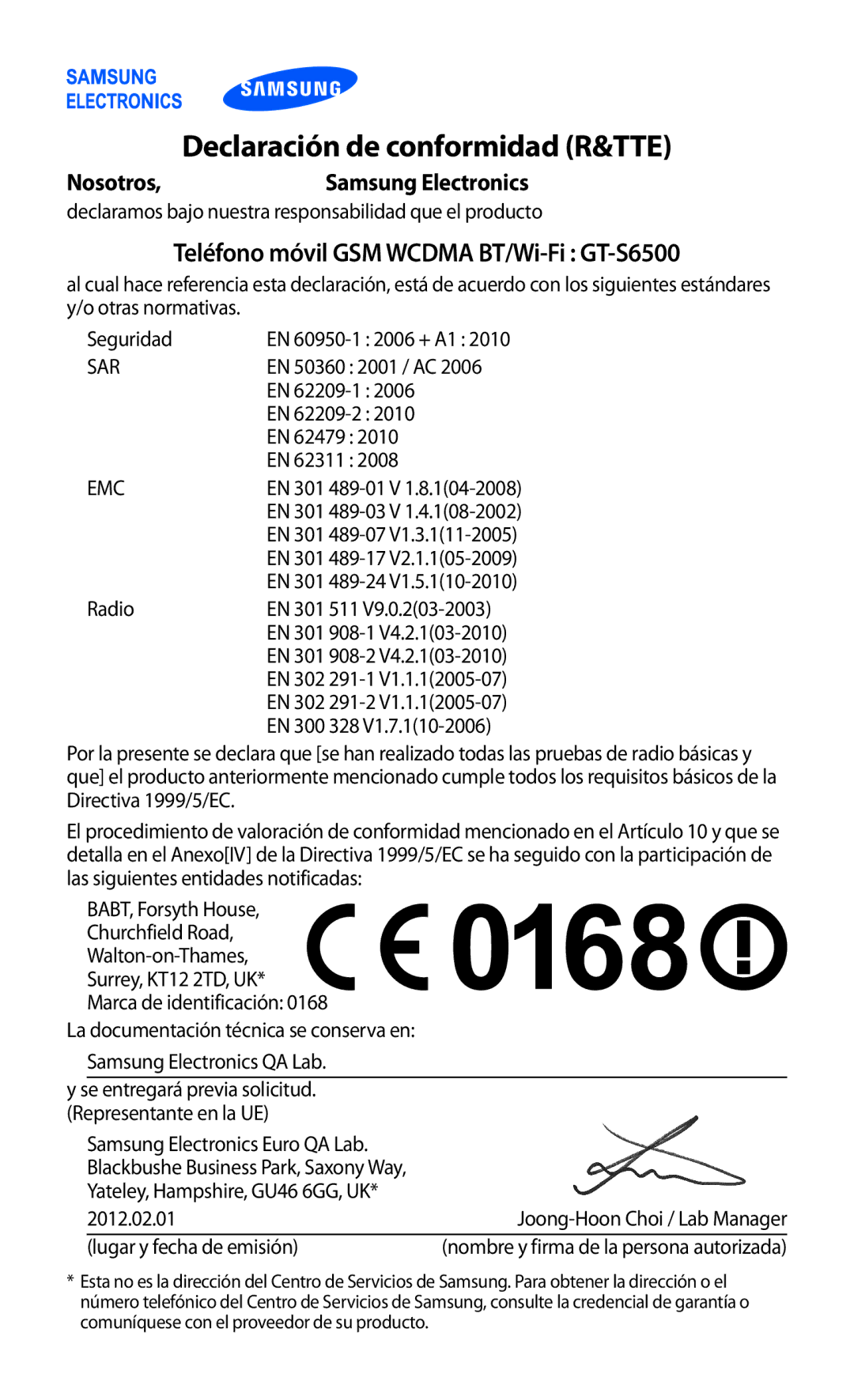 Samsung GT-S6500RWDTPH, GT-S6500RWDTMN, GT-S6500RWAITV, GT-S6500XKADBT, GT-S6500ZYADBT manual Declaración de conformidad R&TTE 