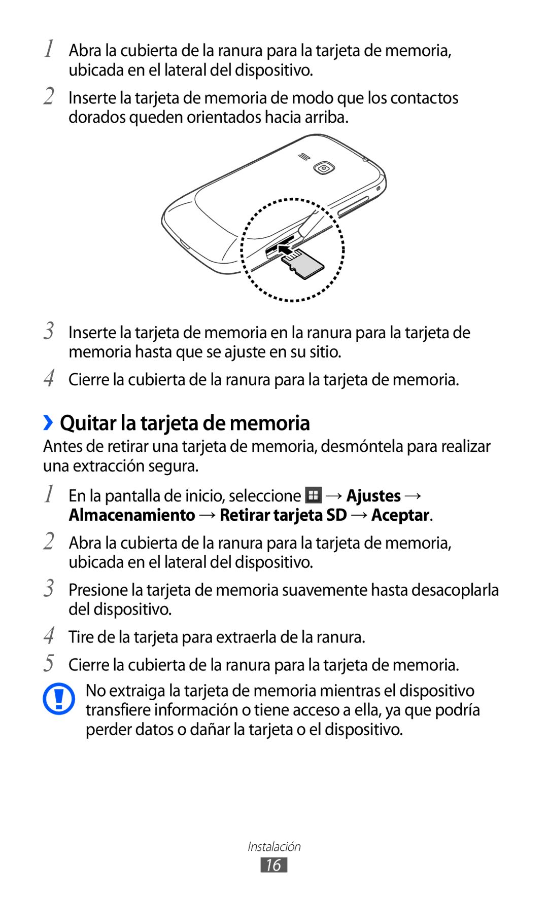 Samsung GT-S6500RWAAMN, GT-S6500RWDTMN, GT-S6500RWAITV, GT-S6500XKADBT, GT-S6500ZYADBT manual ››Quitar la tarjeta de memoria 