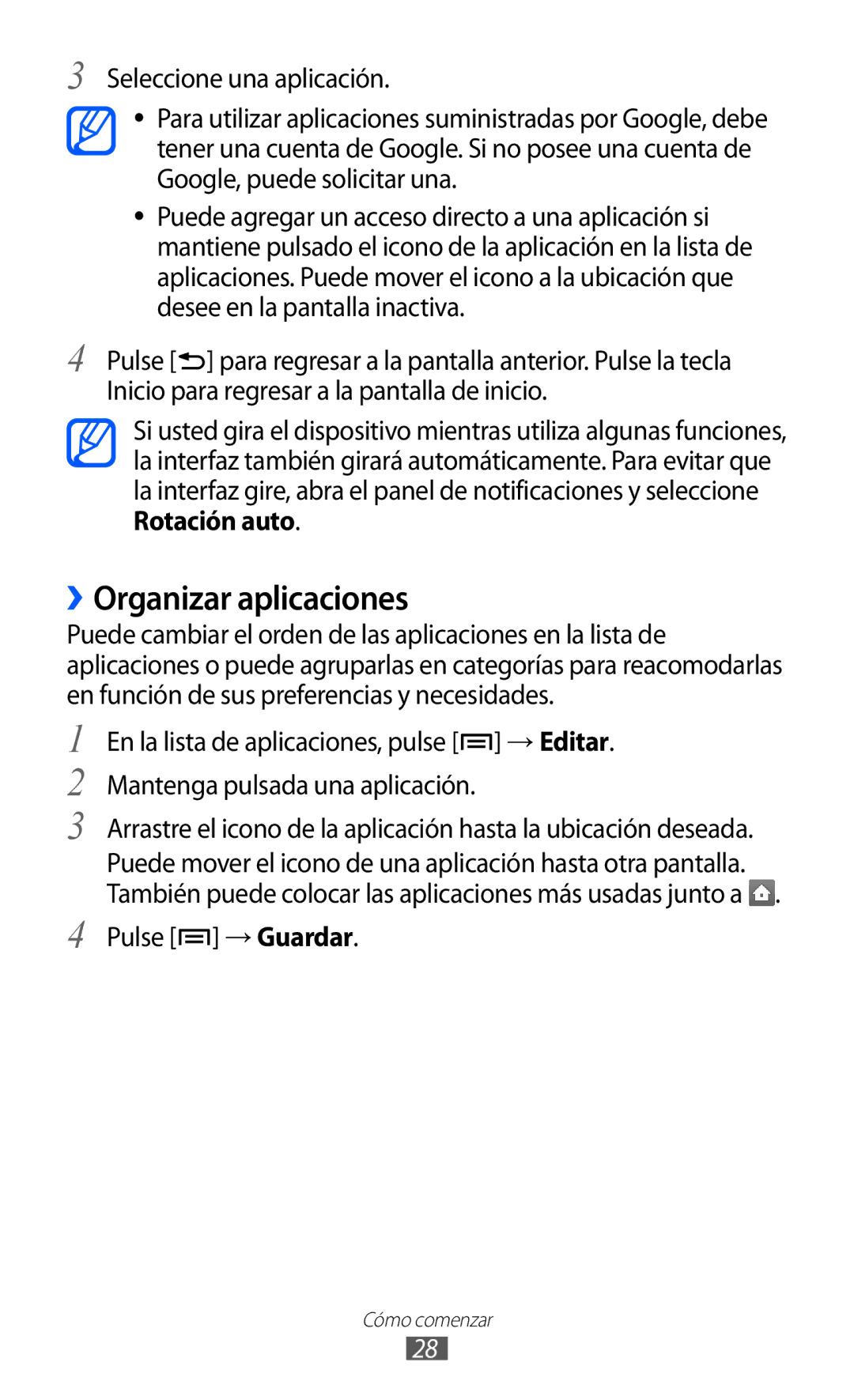 Samsung GT-S6500XKAAMN, GT-S6500RWDTMN, GT-S6500RWAITV, GT-S6500XKADBT manual ››Organizar aplicaciones, Pulse → Guardar 