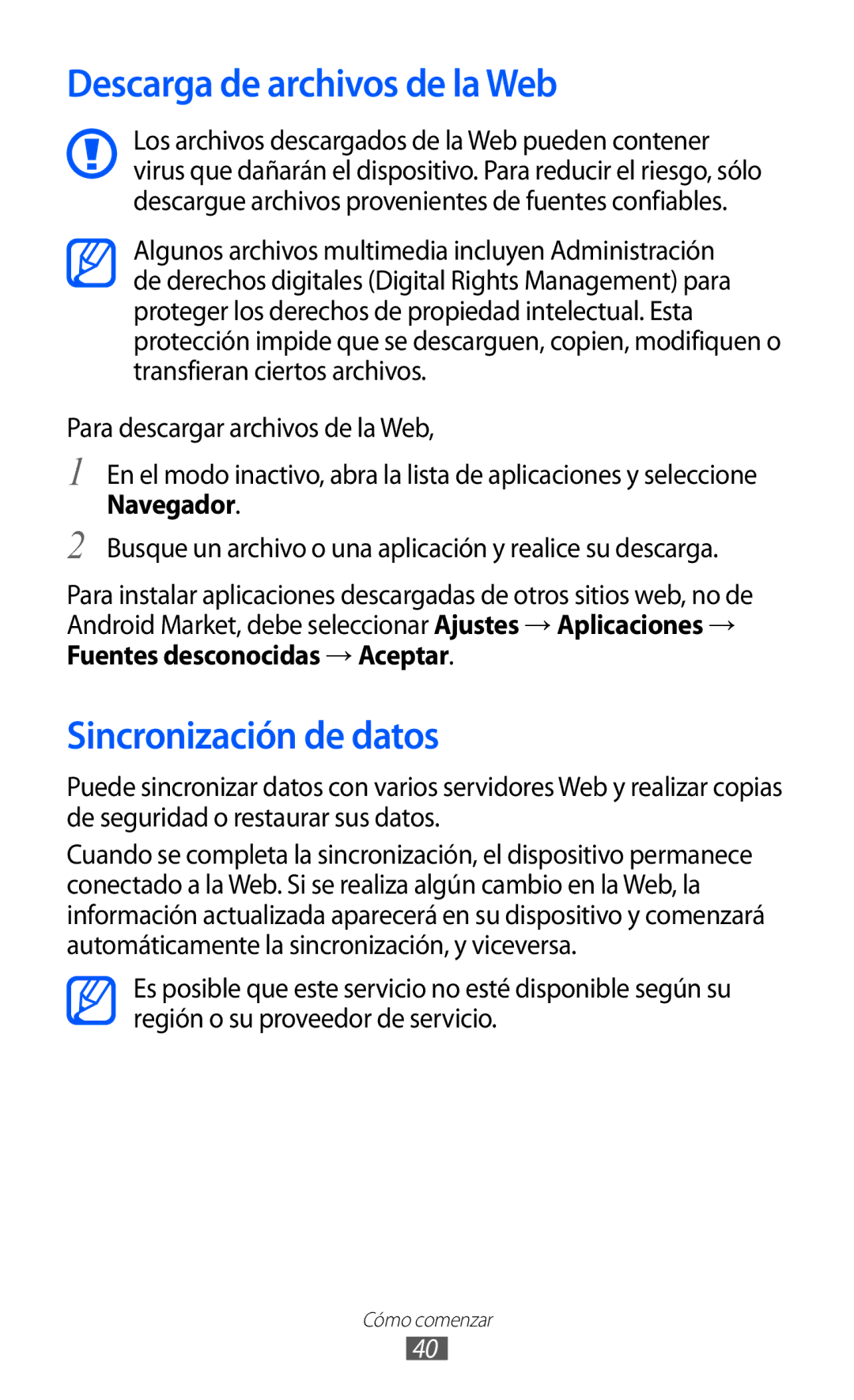 Samsung GT-S6500XKAATL, GT-S6500RWDTMN, GT-S6500RWAITV manual Descarga de archivos de la Web, Sincronización de datos 