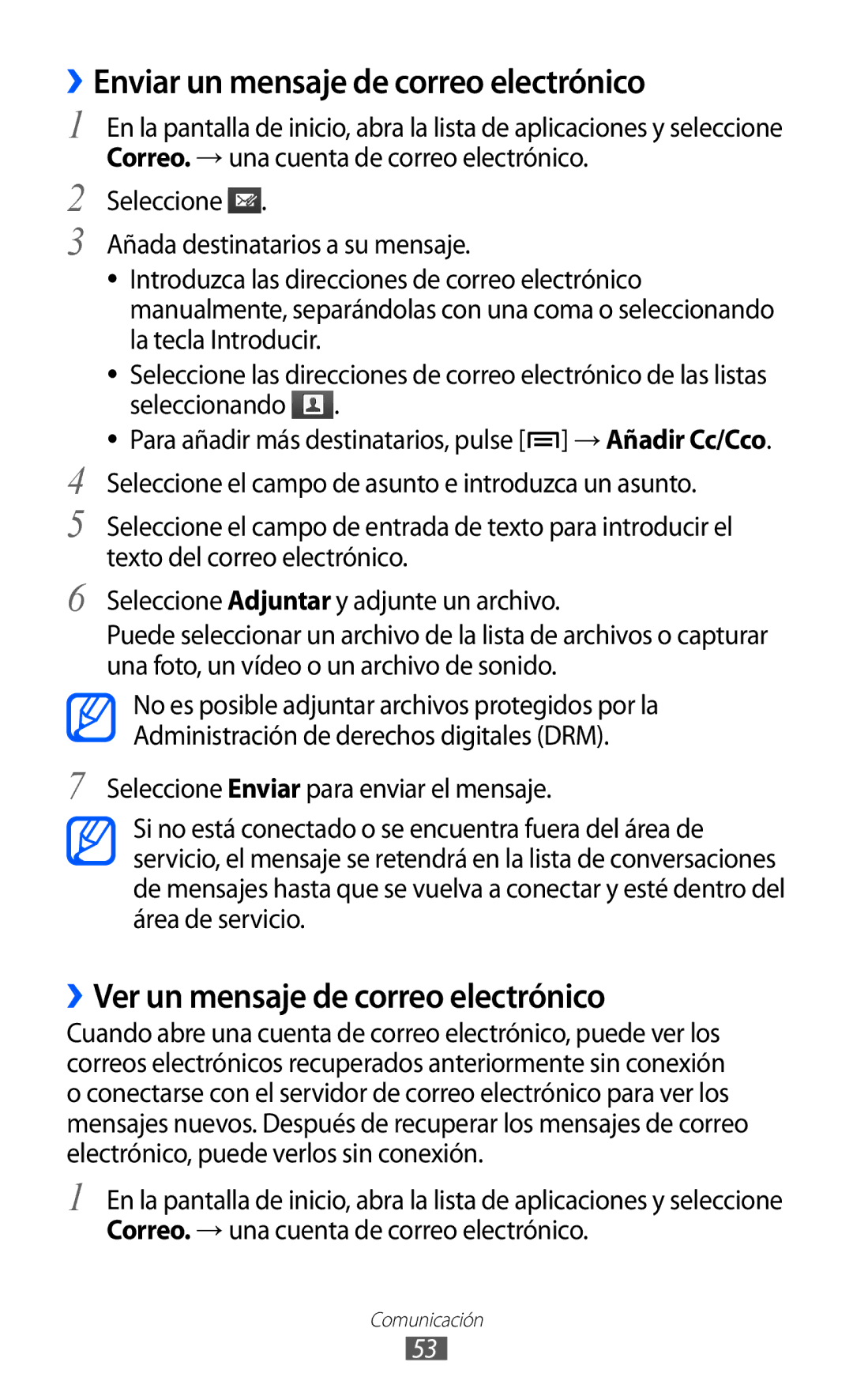 Samsung GT-S6500ZYDXEC, GT-S6500RWDTMN ››Enviar un mensaje de correo electrónico, ››Ver un mensaje de correo electrónico 