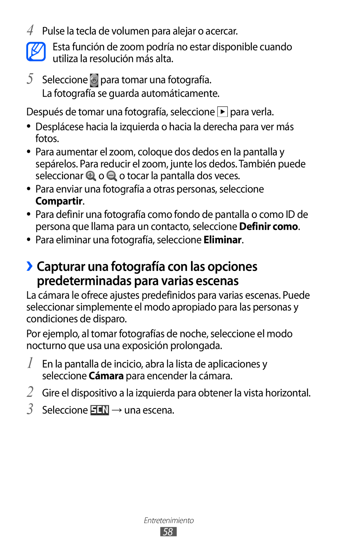 Samsung GT-S6500ZYAATO, GT-S6500RWDTMN manual Para eliminar una fotografía, seleccione Eliminar, Seleccione → una escena 