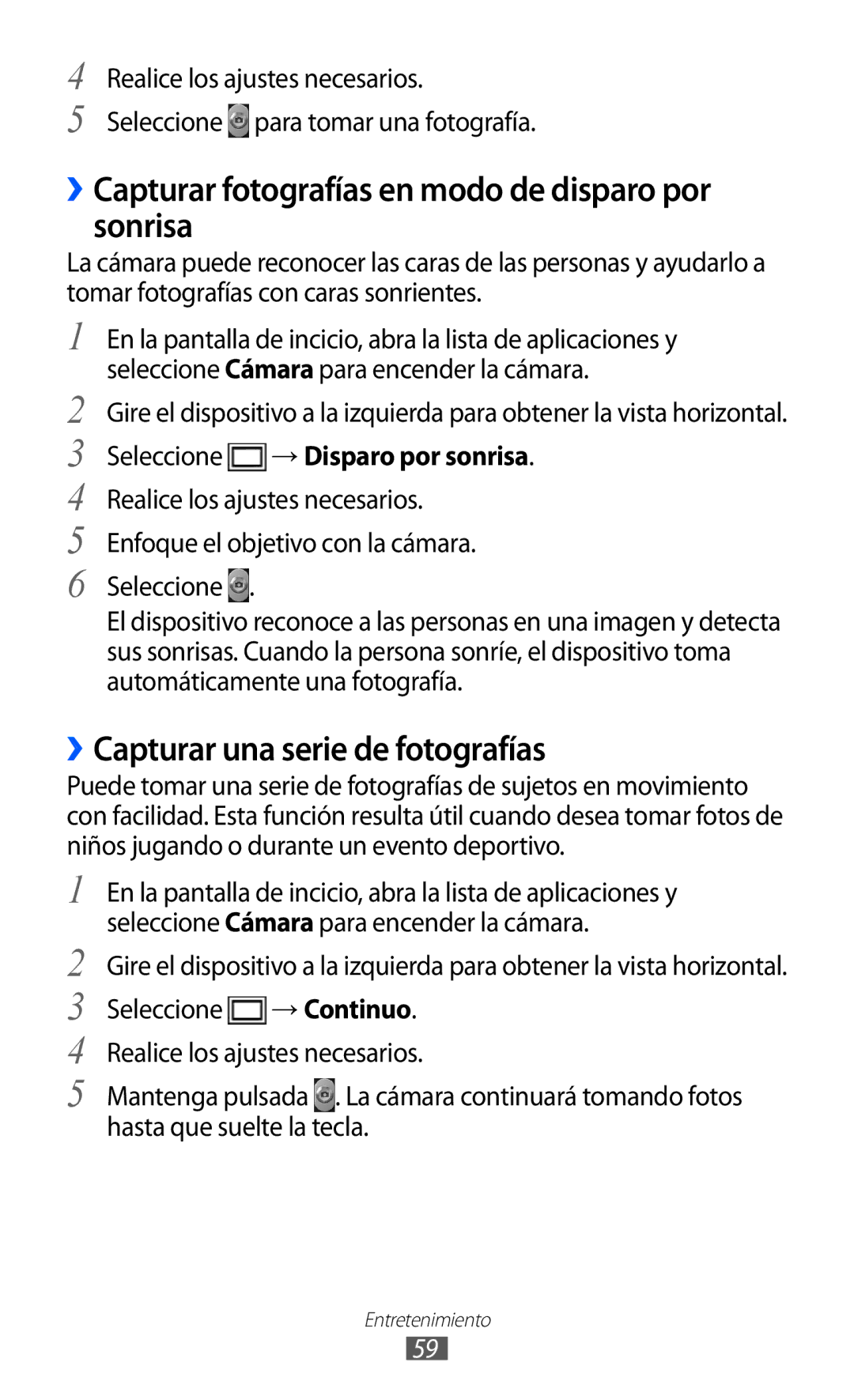 Samsung GT-S6500ZYAAMN manual ››Capturar fotografías en modo de disparo por sonrisa, ››Capturar una serie de fotografías 