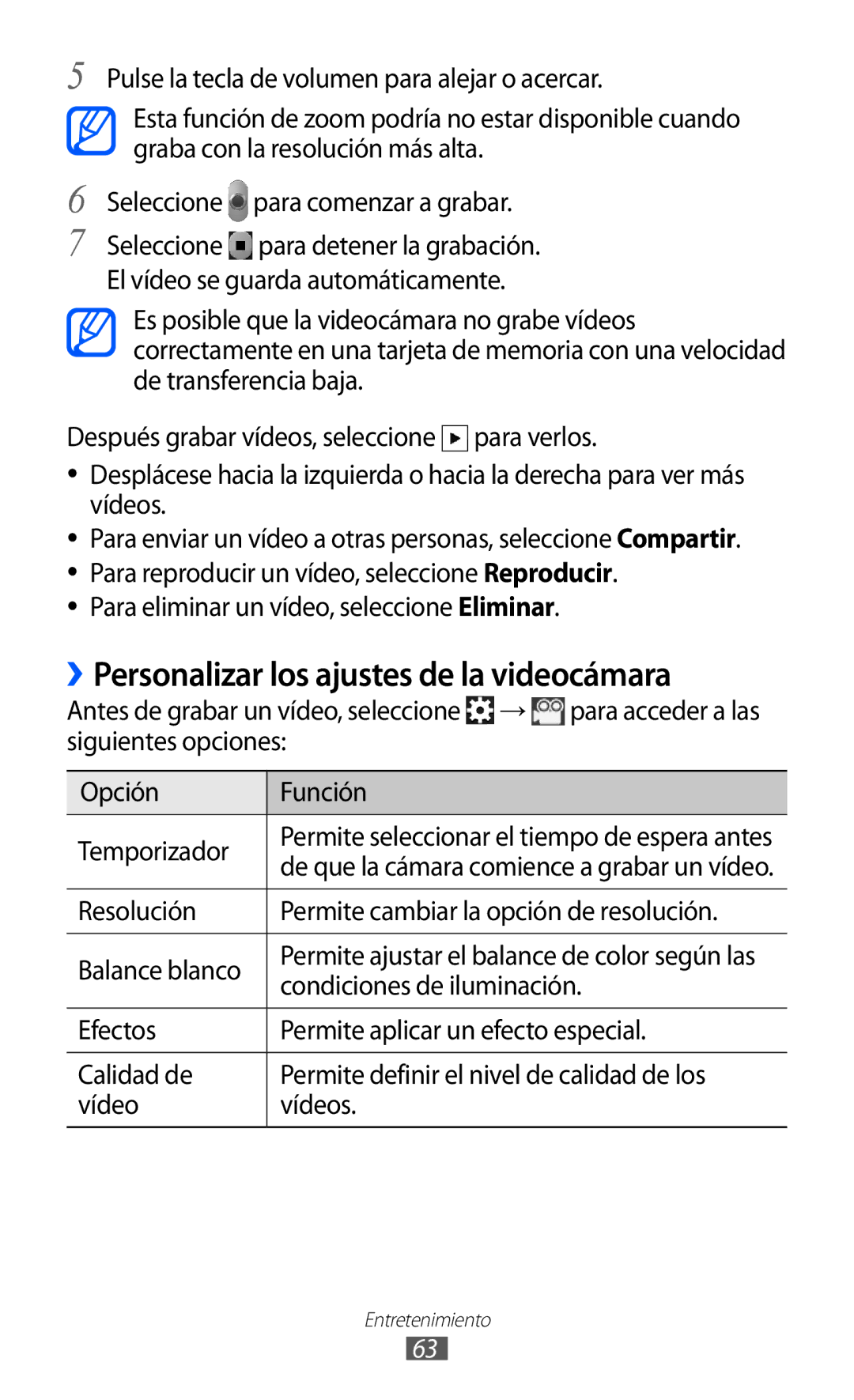 Samsung GT-S6500XKAATL manual ››Personalizar los ajustes de la videocámara, Para eliminar un vídeo, seleccione Eliminar 