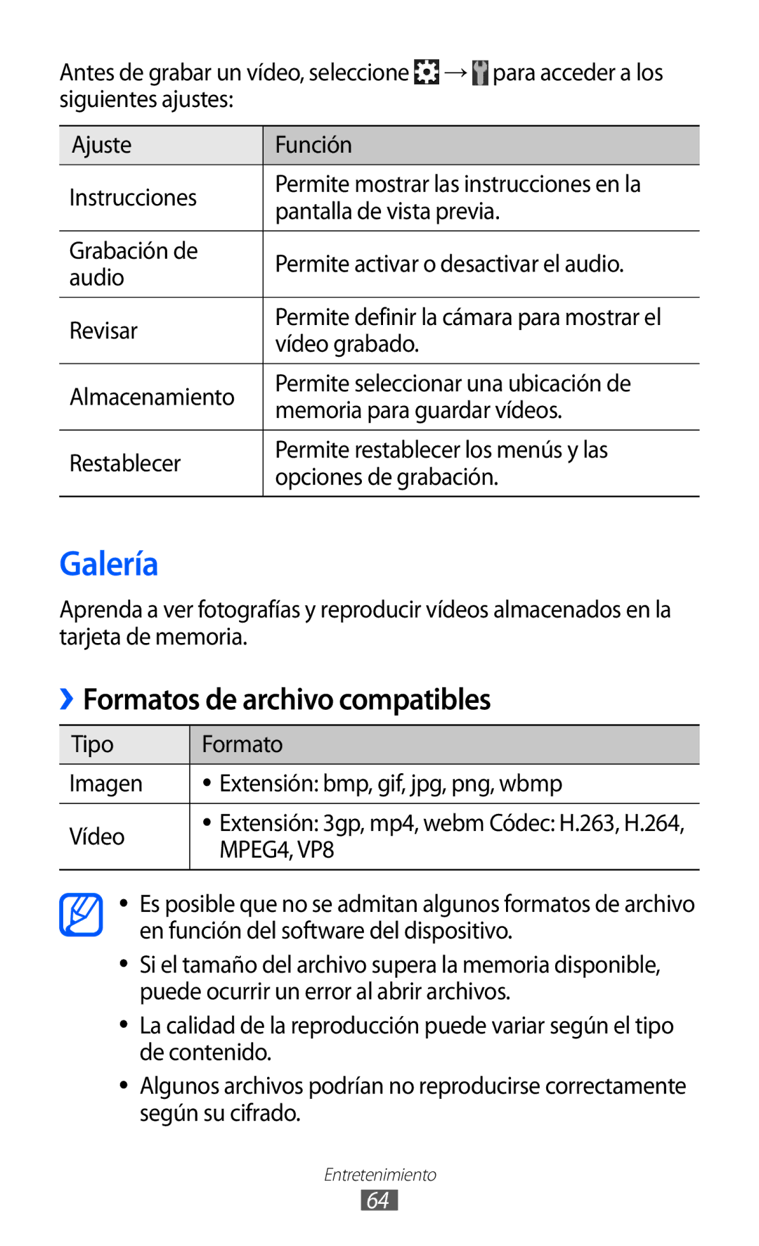 Samsung GT-S6500HAAPHE, GT-S6500RWDTMN, GT-S6500RWAITV manual Galería, Formatos de archivo compatibles, Vídeo grabado 