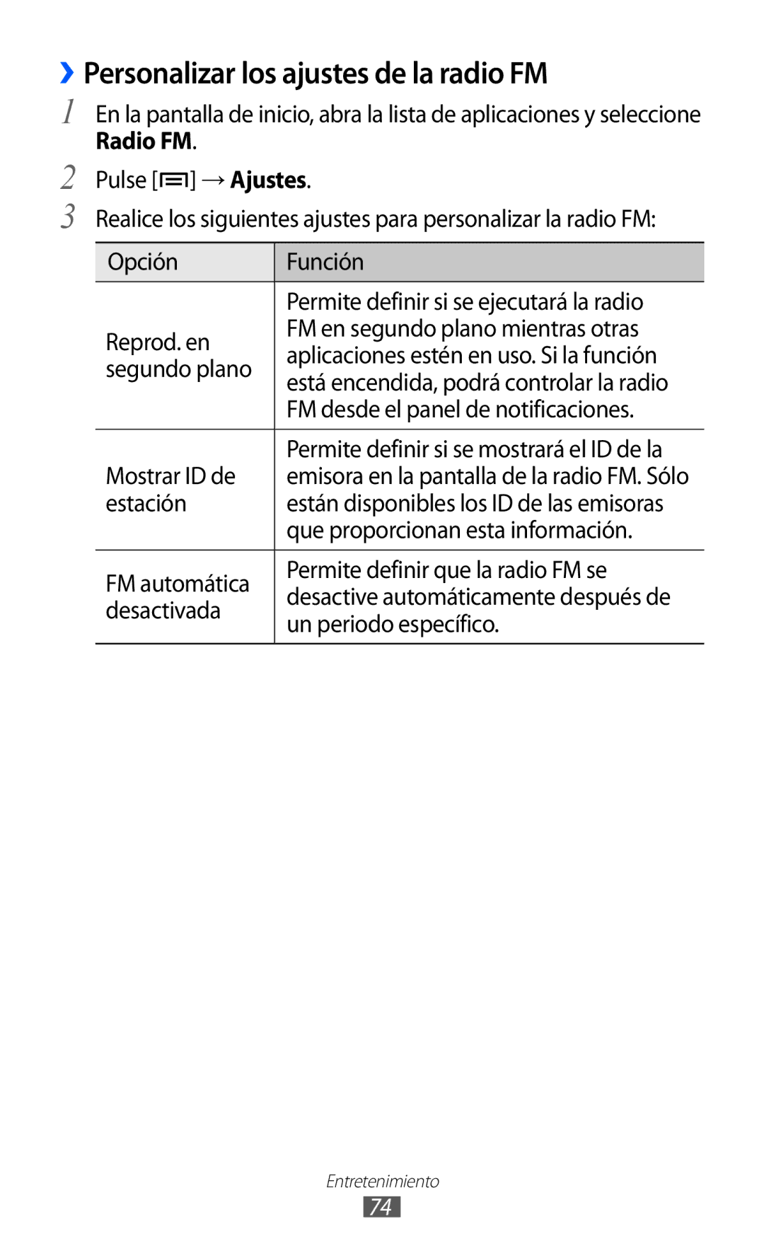 Samsung GT-S6500XKAAMN, GT-S6500RWDTMN, GT-S6500RWAITV, GT-S6500XKADBT manual ››Personalizar los ajustes de la radio FM 