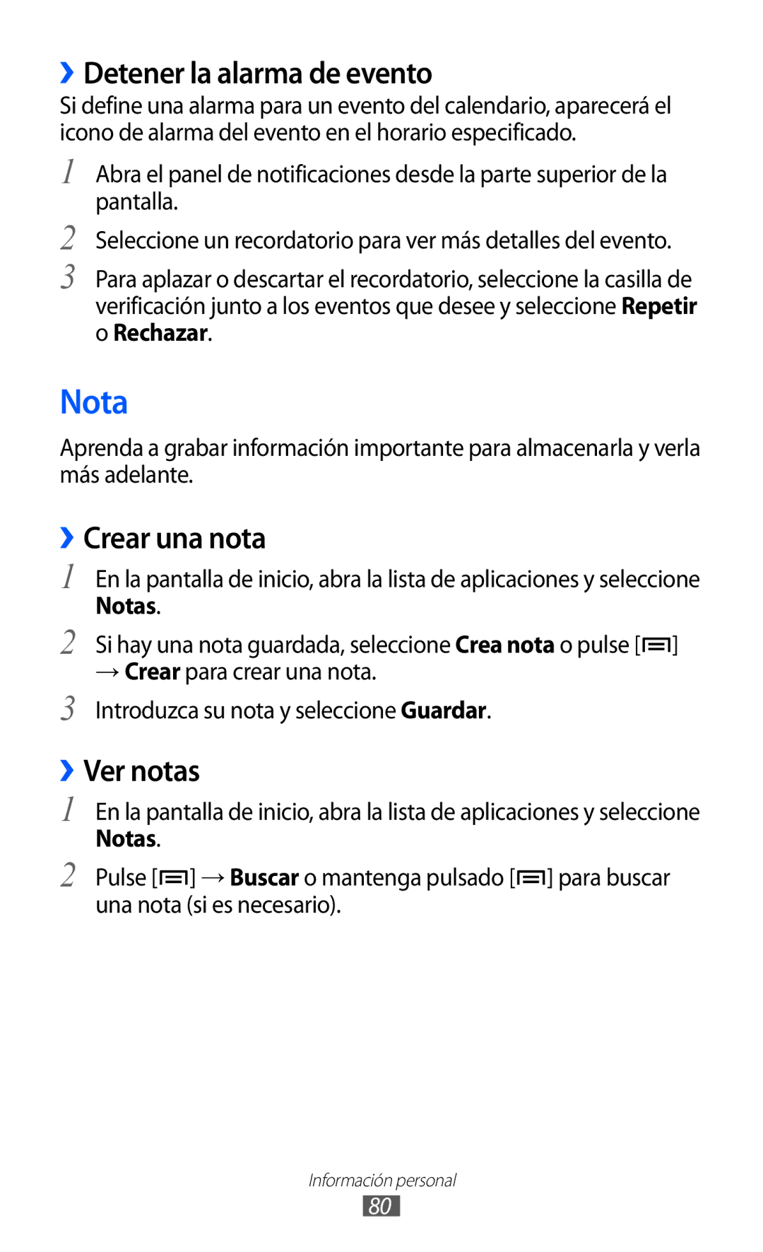 Samsung GT-S6500ZYDTPH, GT-S6500RWDTMN manual Nota, ››Detener la alarma de evento, ››Crear una nota, ››Ver notas, Rechazar 