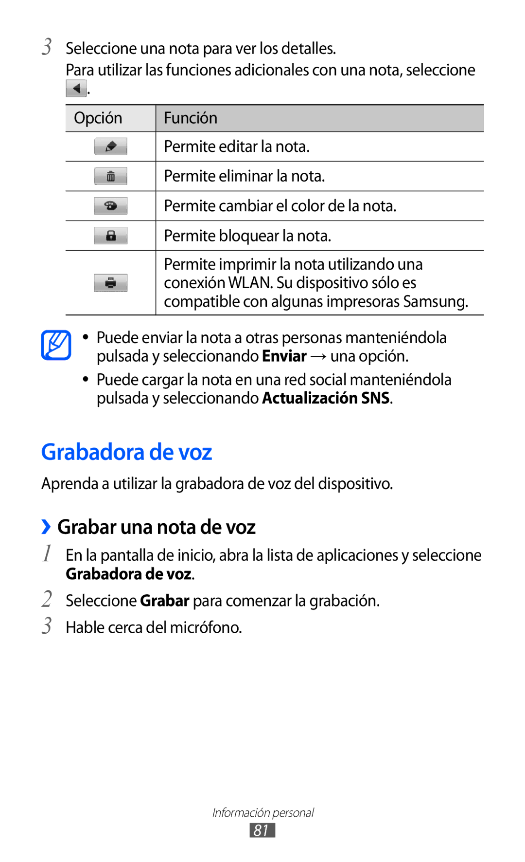 Samsung GT-S6500ZYAATO manual Grabadora de voz, ››Grabar una nota de voz, Seleccione una nota para ver los detalles 