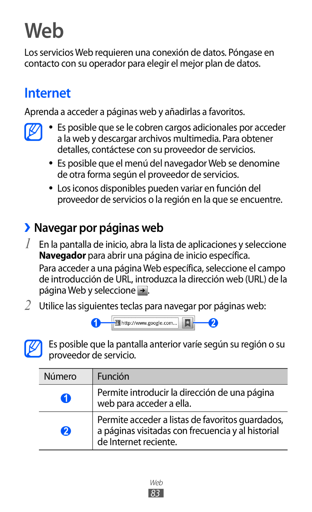 Samsung GT-S6500ZYABTU Web, Internet, ››Navegar por páginas web, Aprenda a acceder a páginas web y añadirlas a favoritos 