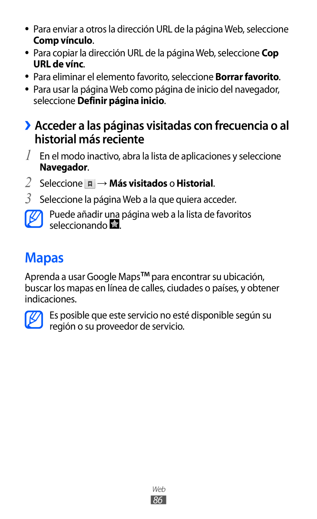 Samsung GT-S6500XKAATL, GT-S6500RWDTMN, GT-S6500RWAITV manual Mapas, Navegador Seleccione → Más visitados o Historial 