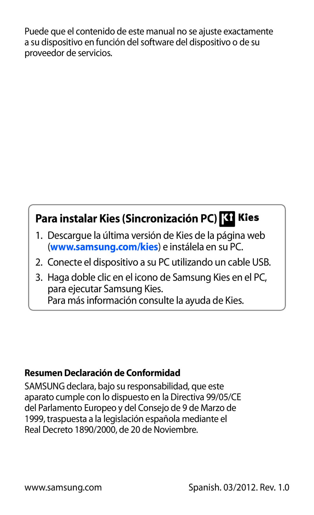 Samsung GT-S6500RWAITV, GT-S6500RWDTMN, GT-S6500XKADBT, GT-S6500ZYADBT manual Para instalar Kies Sincronización PC 