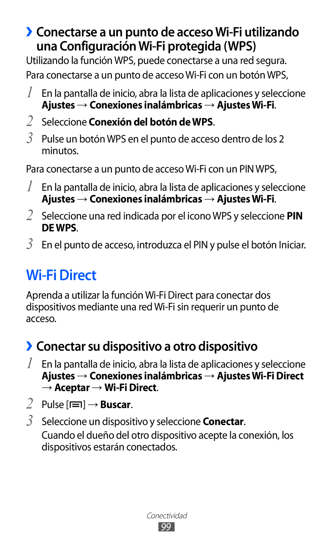 Samsung GT-S6500ZYDXEC Wi-Fi Direct, ››Conectar su dispositivo a otro dispositivo, Seleccione Conexión del botón de WPS 