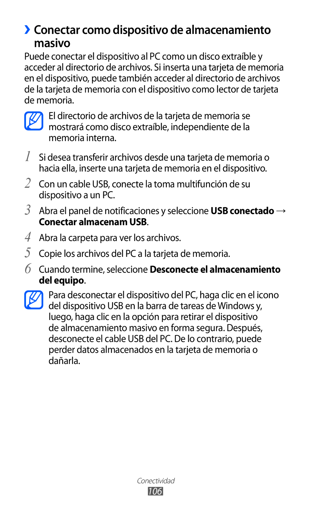 Samsung GT-S6500ZYABTU, GT-S6500RWDTMN ››Conectar como dispositivo de almacenamiento masivo, Conectar almacenam USB, 106 