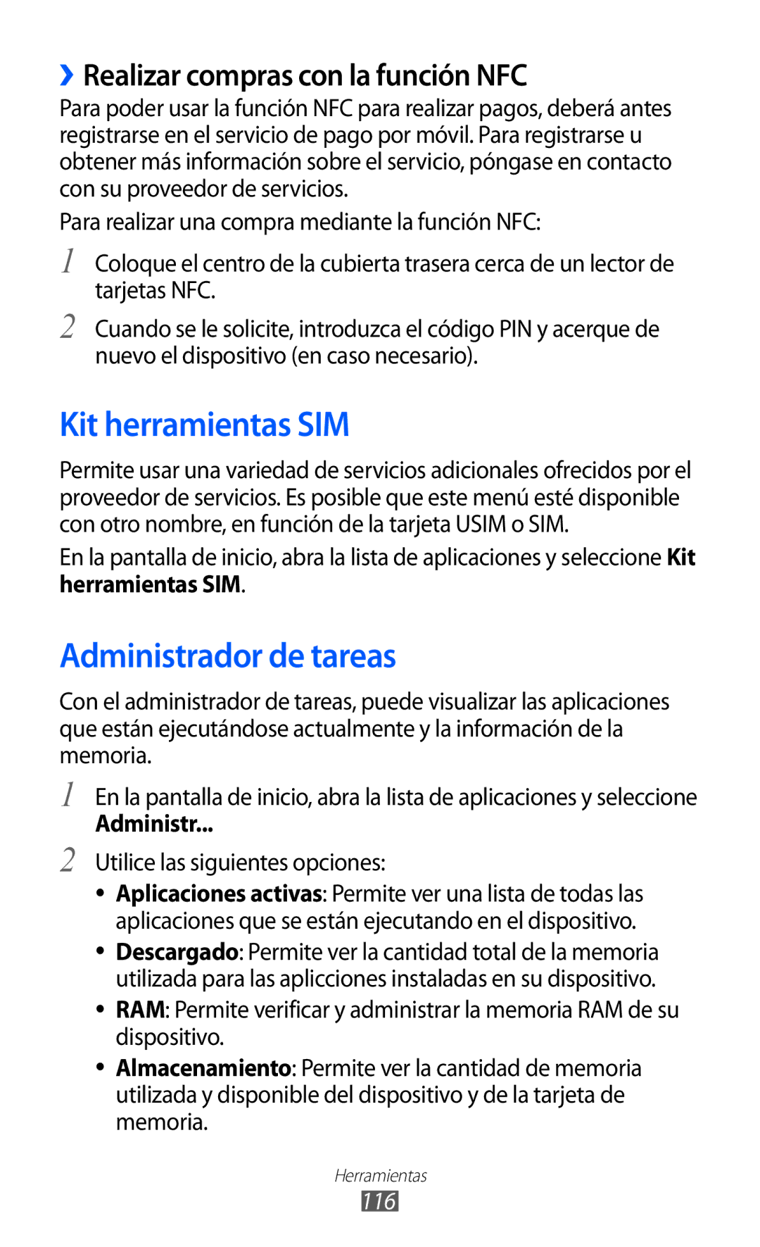 Samsung GT-S6500XKADBT manual Kit herramientas SIM, Administrador de tareas, ››Realizar compras con la función NFC, 116 