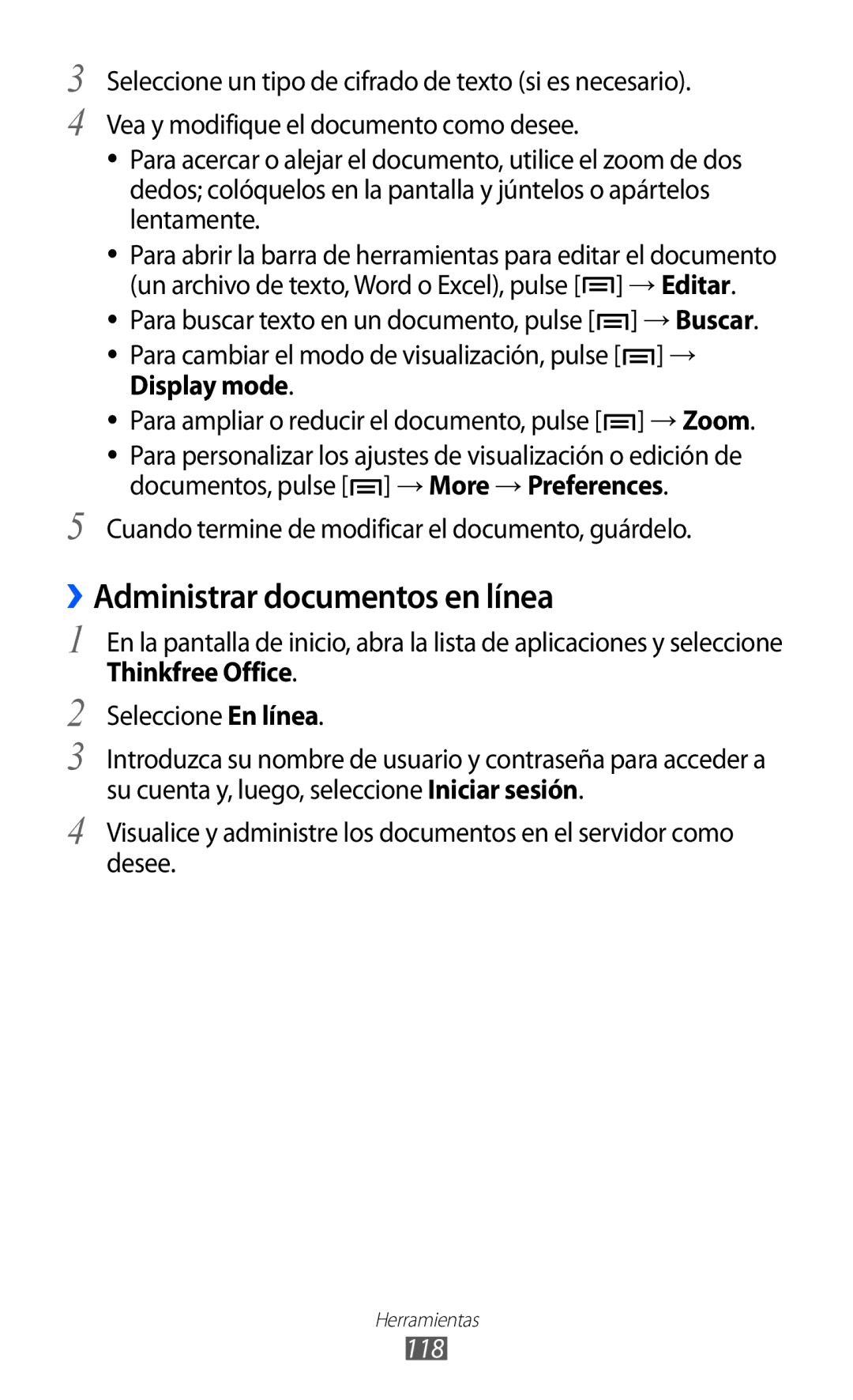 Samsung GT-S6500XKAITV manual ››Administrar documentos en línea, Cuando termine de modificar el documento, guárdelo, 118 