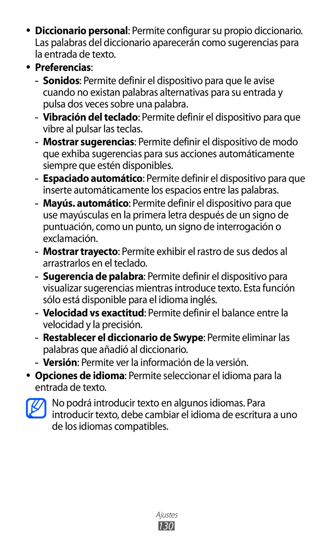 Samsung GT-S6500RWDXEC, GT-S6500RWDTMN, GT-S6500RWAITV, GT-S6500XKADBT, GT-S6500ZYADBT, GT-S6500XKAITV manual Preferencias, 130 