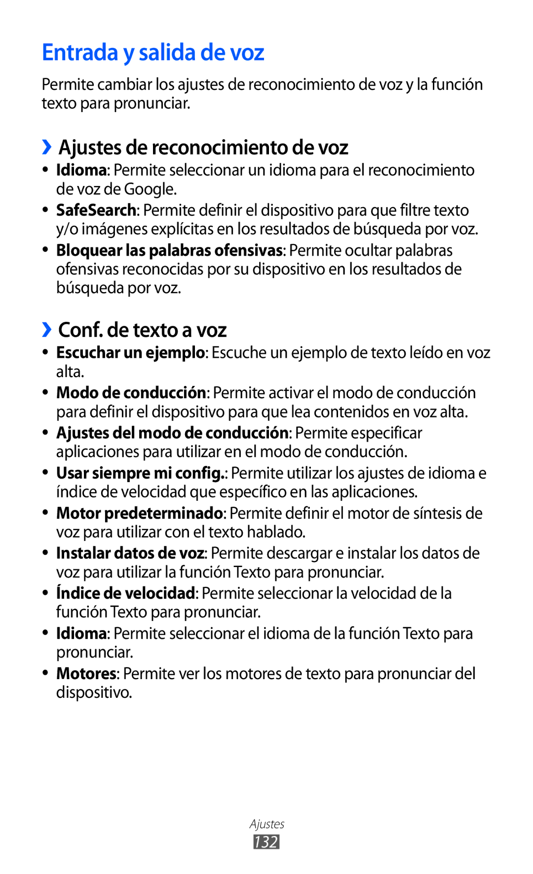 Samsung GT-S6500XKAATL manual Entrada y salida de voz, ››Ajustes de reconocimiento de voz, ››Conf. de texto a voz, 132 