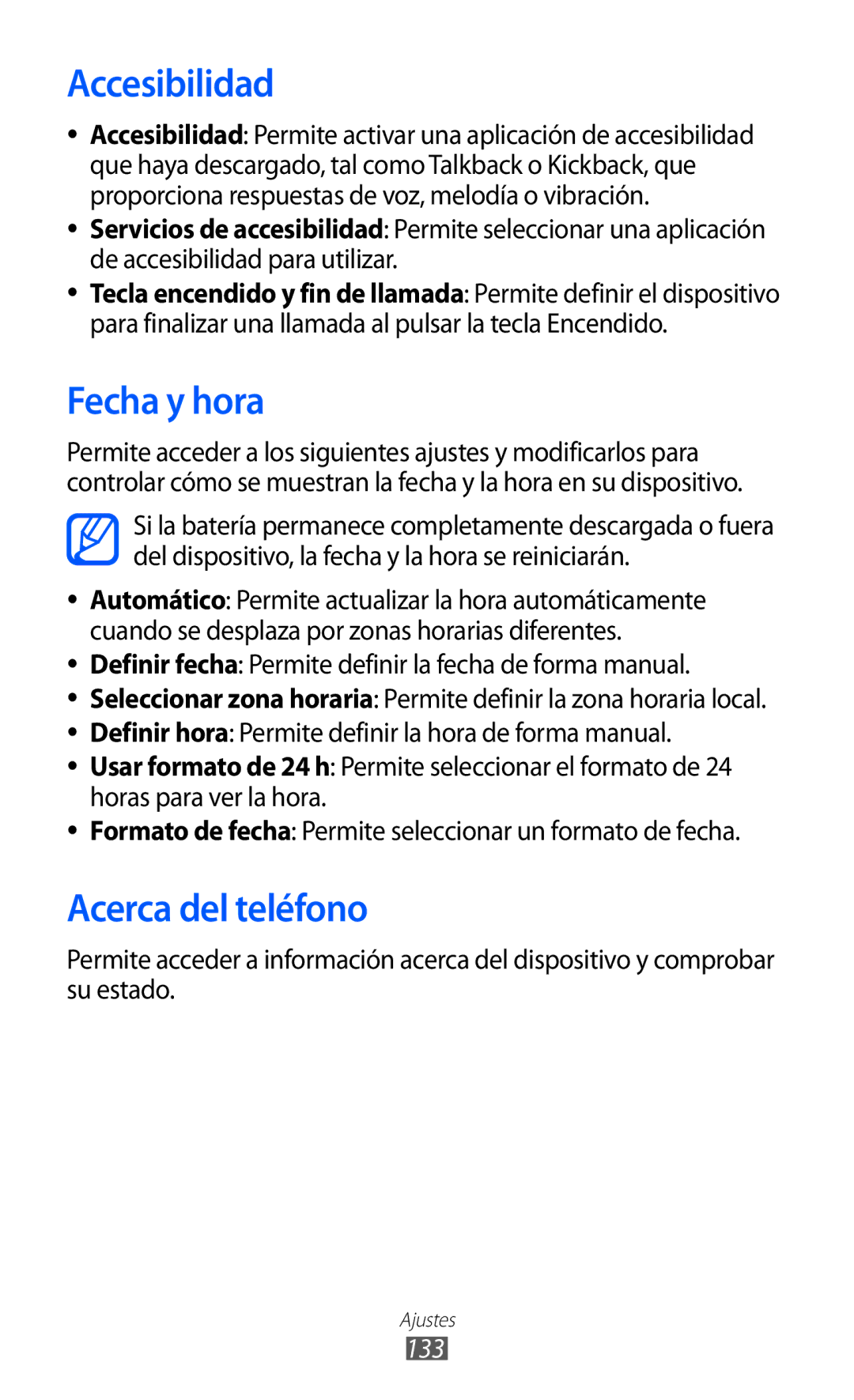 Samsung GT-S6500HAAPHE, GT-S6500RWDTMN, GT-S6500RWAITV, GT-S6500XKADBT Accesibilidad, Fecha y hora, Acerca del teléfono, 133 