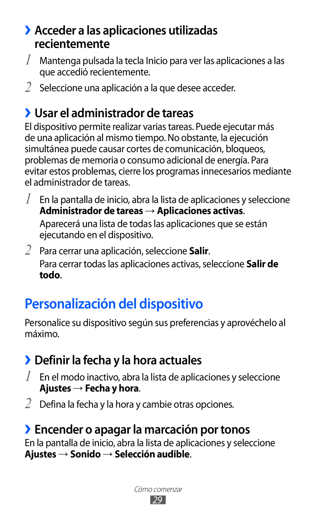 Samsung GT-S6500RWAATL manual Personalización del dispositivo, ››Acceder a las aplicaciones utilizadas recientemente 