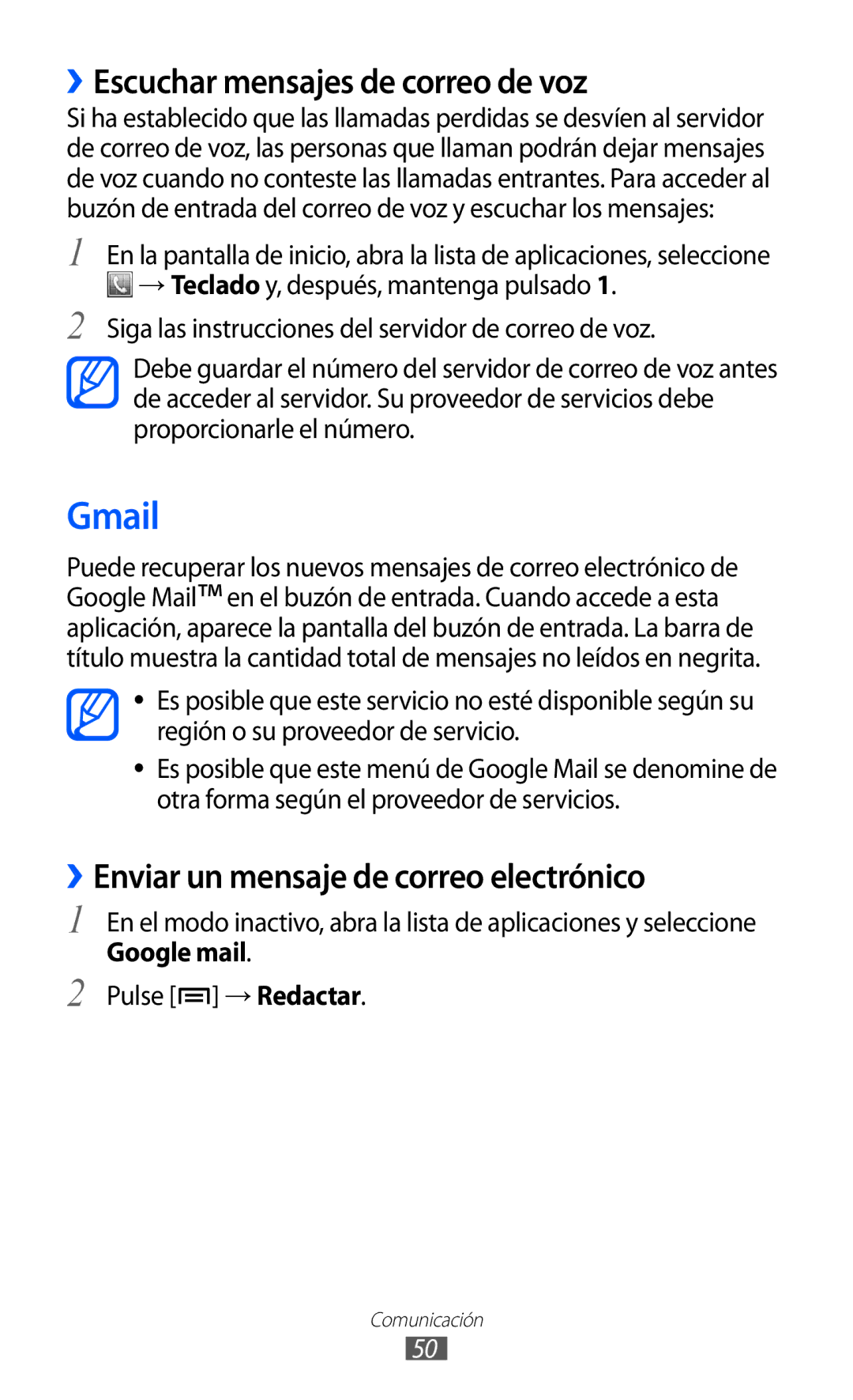 Samsung GT-S6500ZYAITV Gmail, ››Escuchar mensajes de correo de voz, ››Enviar un mensaje de correo electrónico, Google mail 