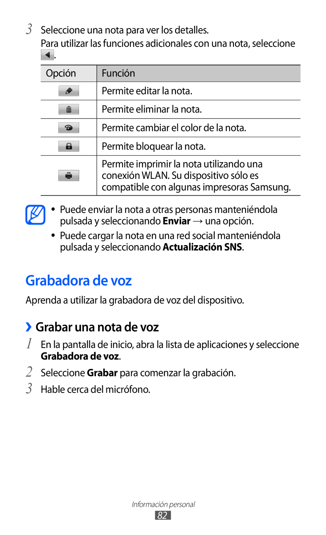 Samsung GT-S6500ZYAAMN manual Grabadora de voz, ››Grabar una nota de voz, Seleccione una nota para ver los detalles 