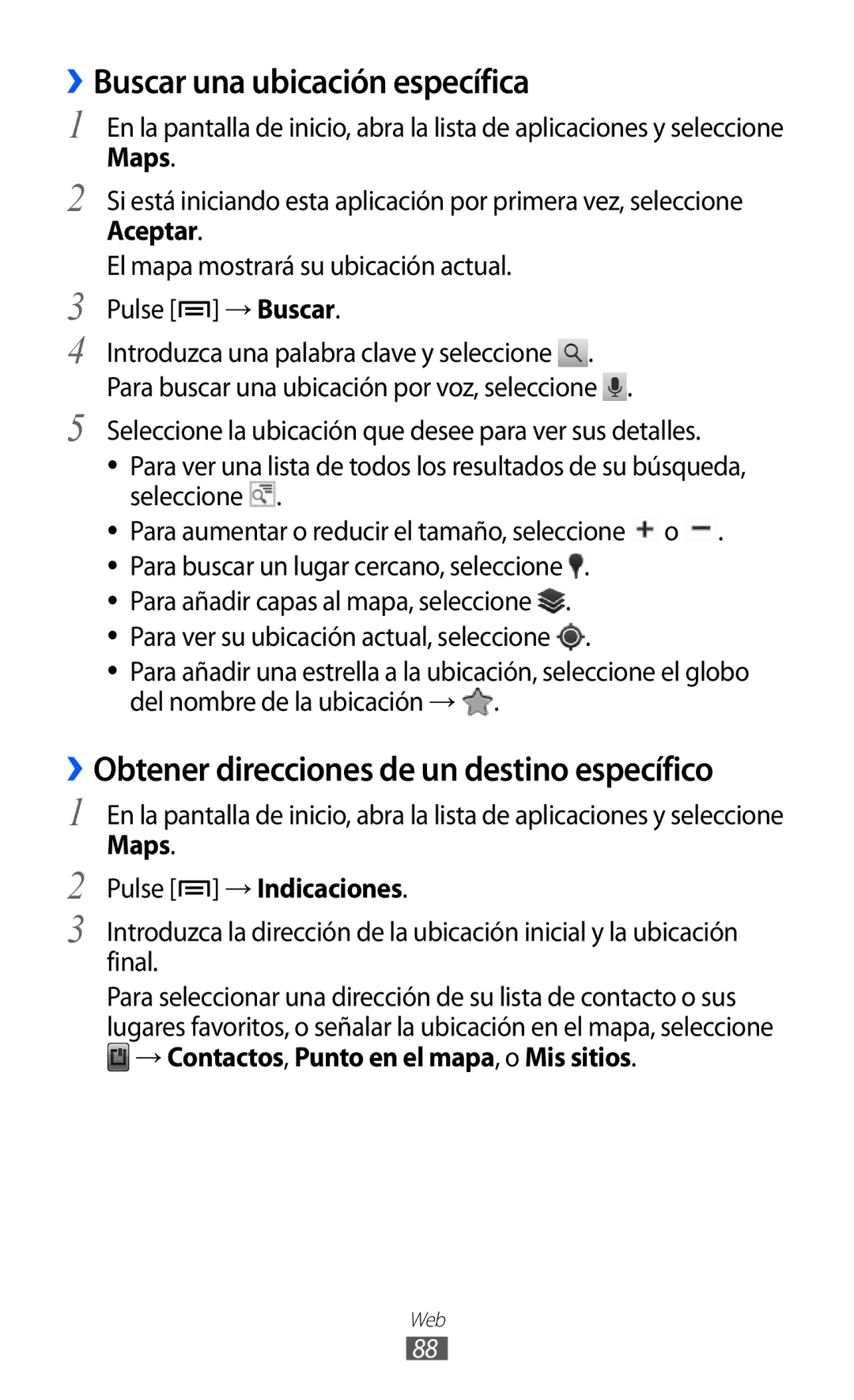 Samsung GT-S6500RWDTPH, GT-S6500RWDTMN manual ››Buscar una ubicación específica, Aceptar, Maps Pulse → Indicaciones 