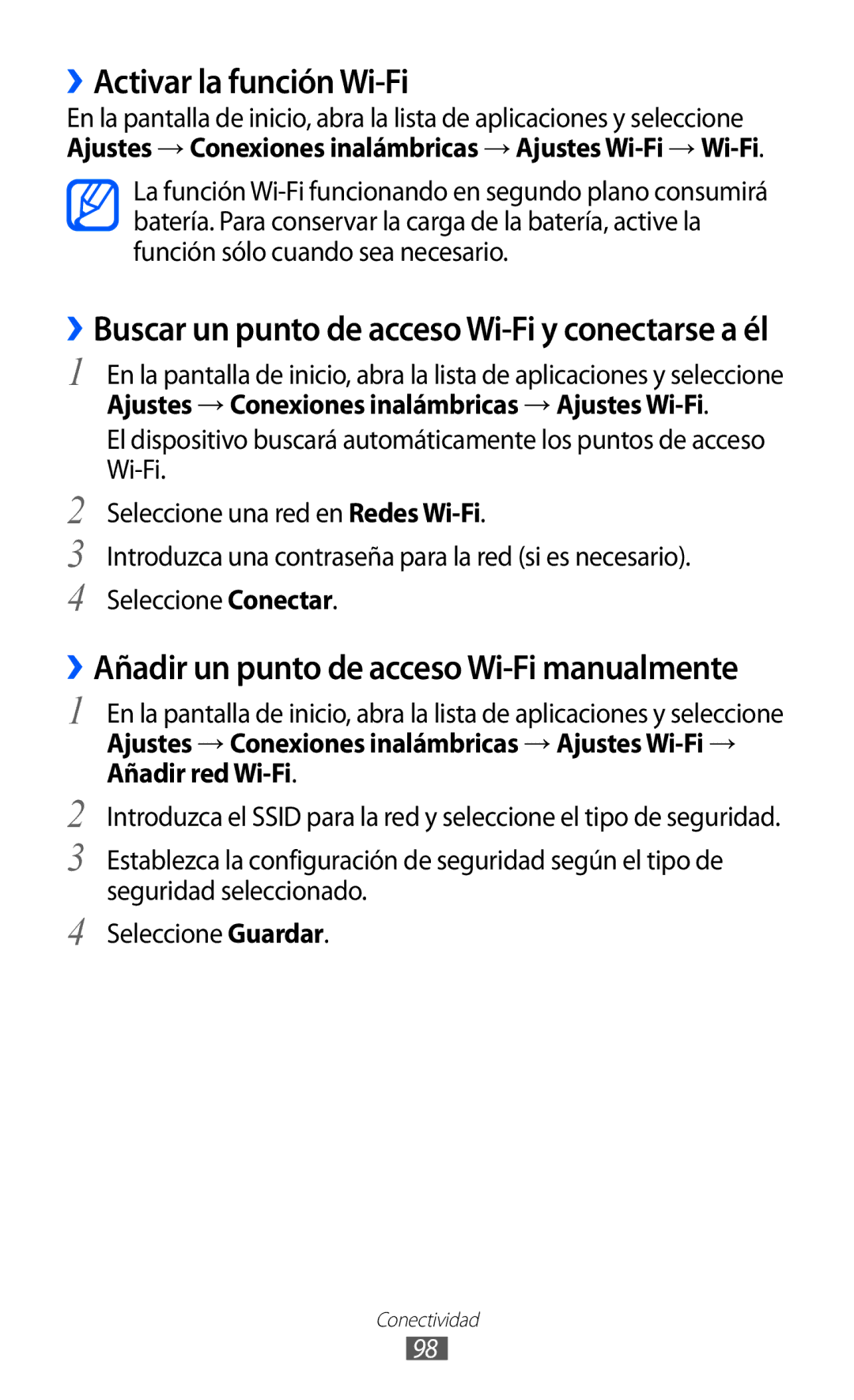 Samsung GT-S6500RWAATL, GT-S6500RWDTMN ››Activar la función Wi-Fi, ››Buscar un punto de acceso Wi-Fi y conectarse a él 