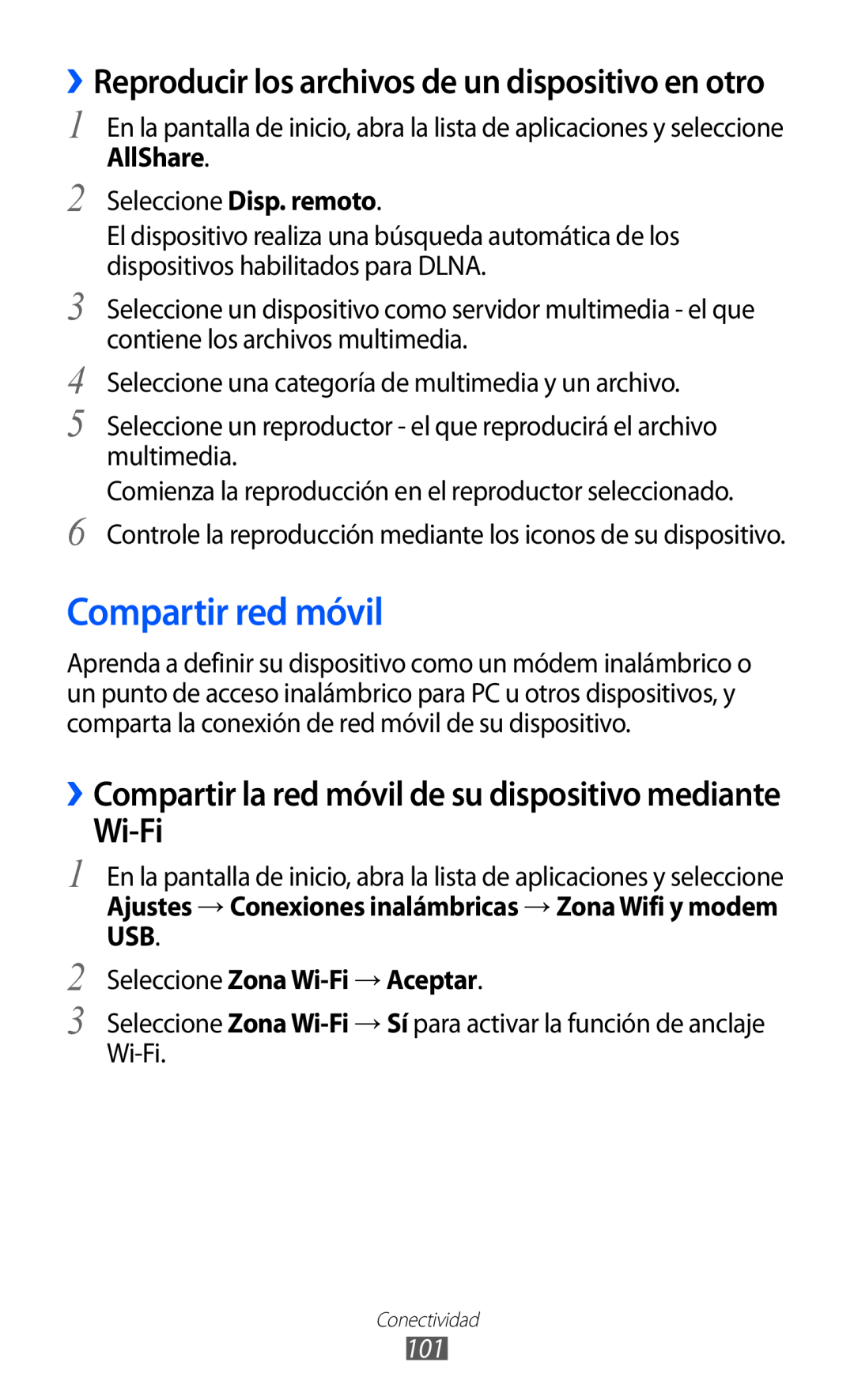 Samsung GT-S6500ZYDCOA manual Compartir red móvil, Wi-Fi, ››Reproducir los archivos de un dispositivo en otro, AllShare 