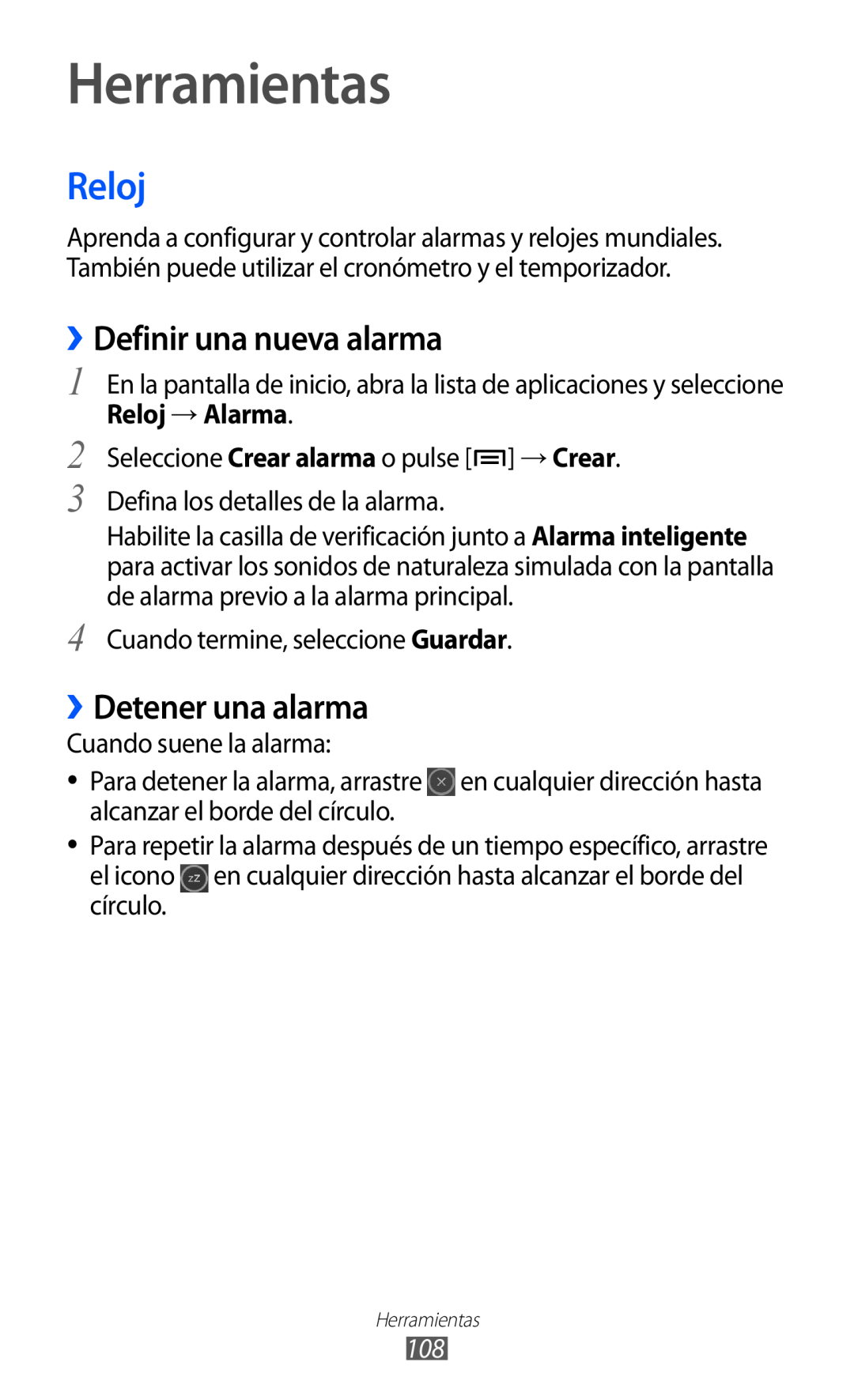 Samsung GT-S6500RWAAMN, GT-S6500RWDTMN manual Herramientas, Reloj, ››Definir una nueva alarma, ››Detener una alarma 