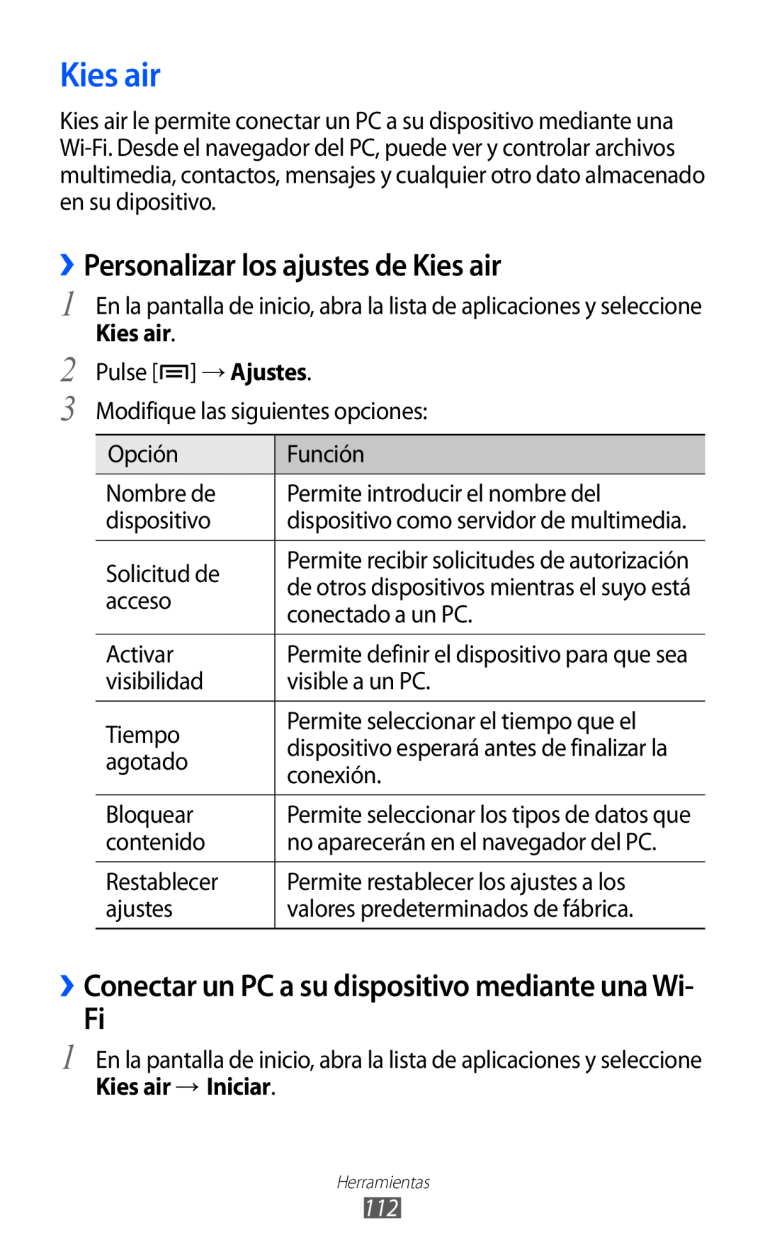 Samsung GT-S6500ZYDPHE manual ››Personalizar los ajustes de Kies air, ››Conectar un PC a su dispositivo mediante una Wi 