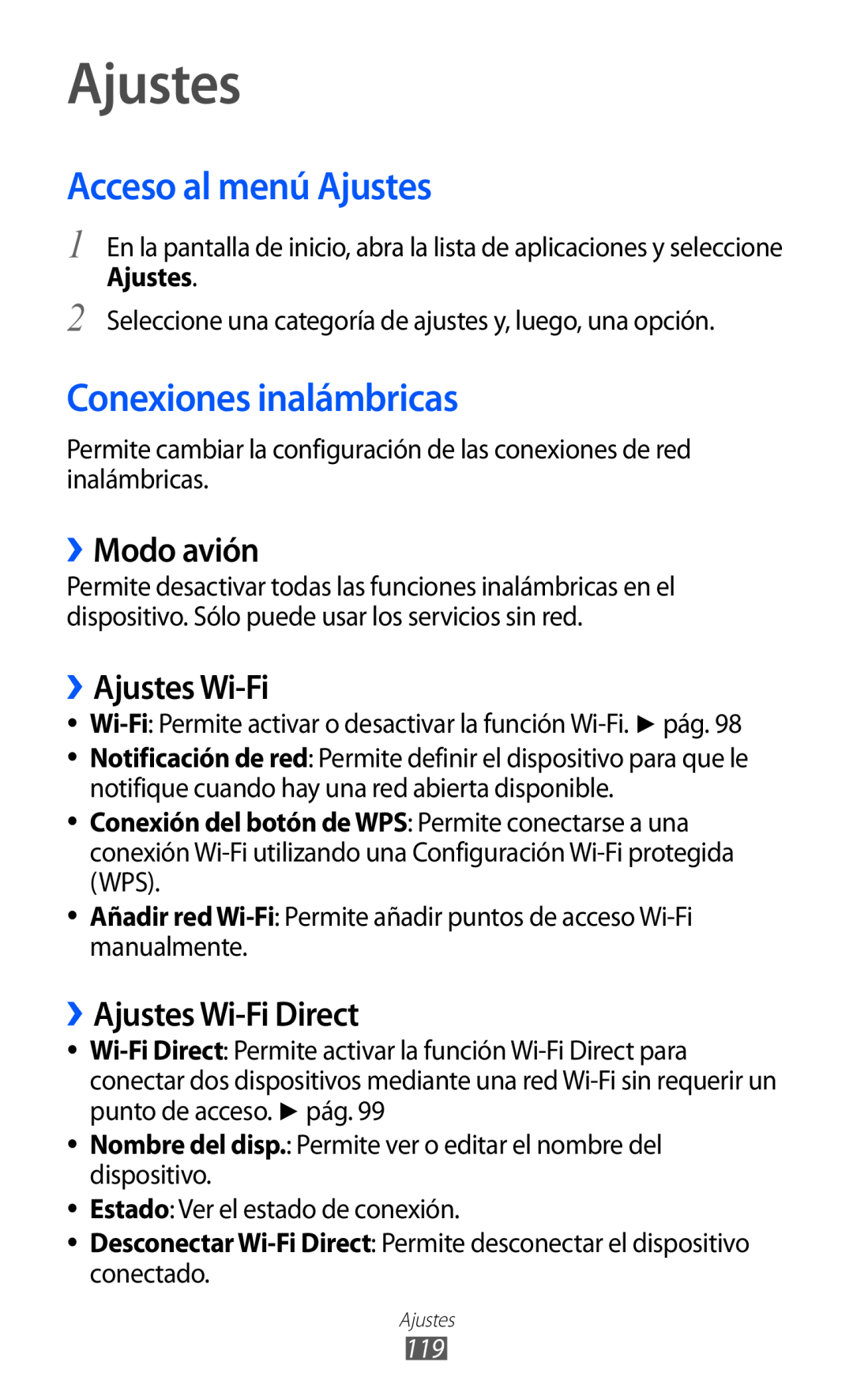 Samsung GT-S6500ZYAITV, GT-S6500RWDTMN Acceso al menú Ajustes, Conexiones inalámbricas, ››Modo avión, ››Ajustes Wi-Fi 