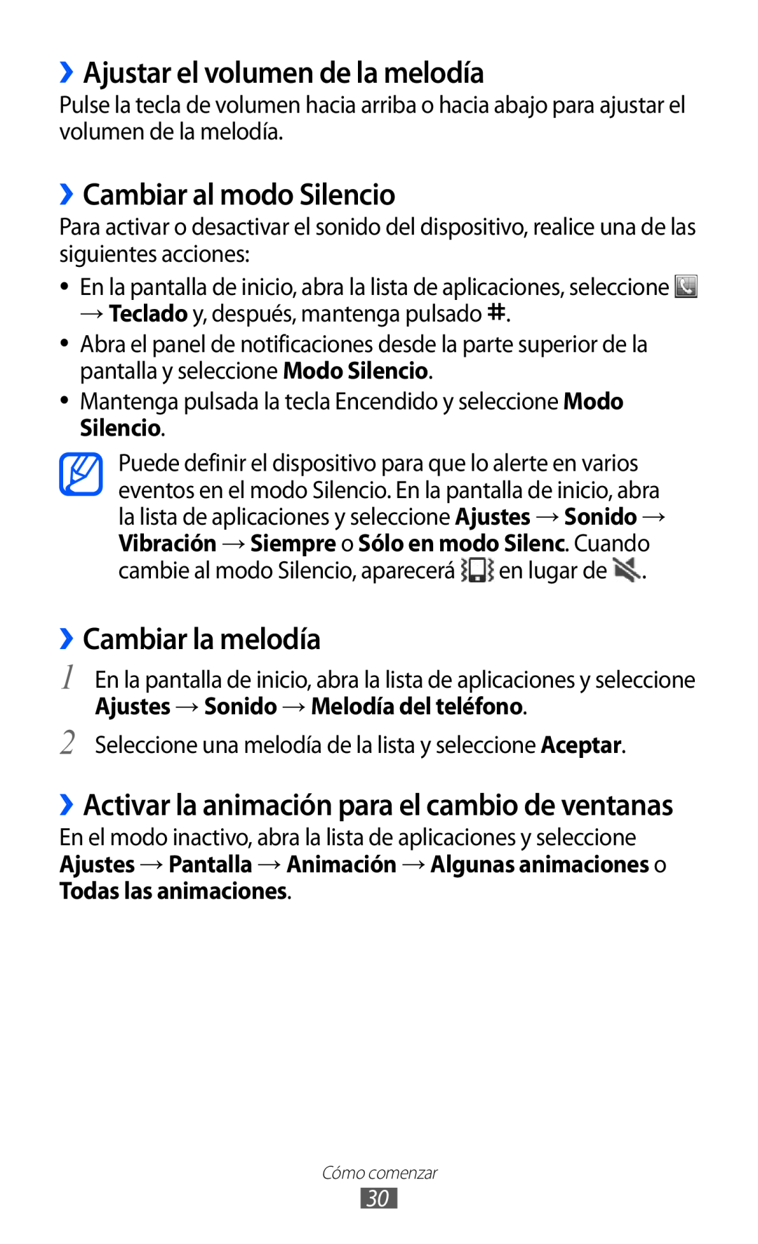 Samsung GT-S6500ZYDXEC manual ››Ajustar el volumen de la melodía, ››Cambiar al modo Silencio, ››Cambiar la melodía 