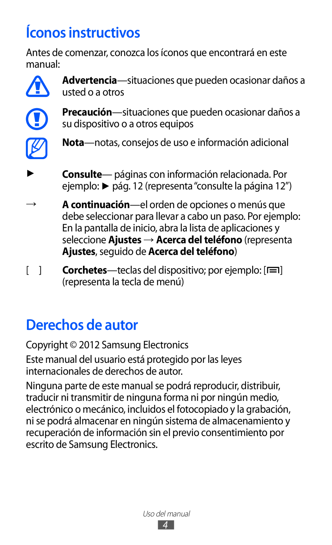 Samsung GT-S6500ZYAITV manual Íconos instructivos, Derechos de autor, Nota-notas, consejos de uso e información adicional 