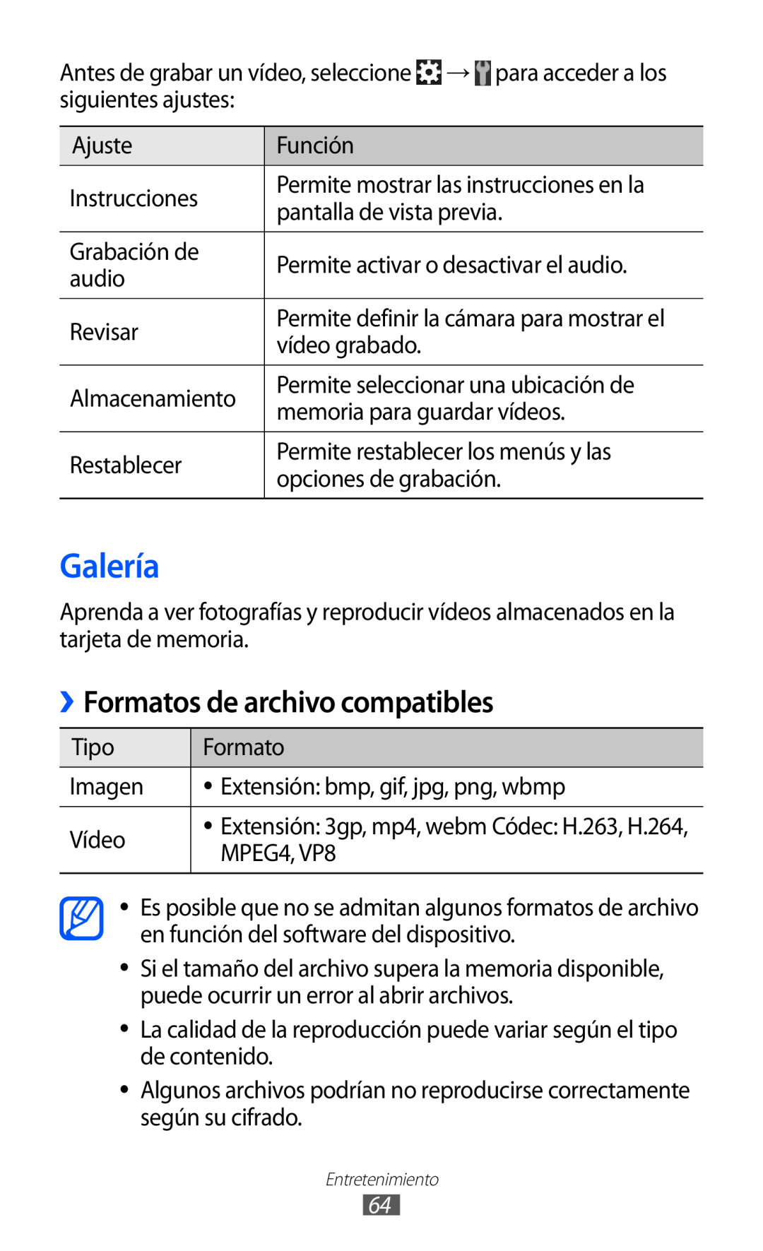 Samsung GT-S6500HAAPHE, GT-S6500RWDTMN, GT-S6500RWAITV, GT-S6500XKADBT manual Galería, Formatos de archivo compatibles 