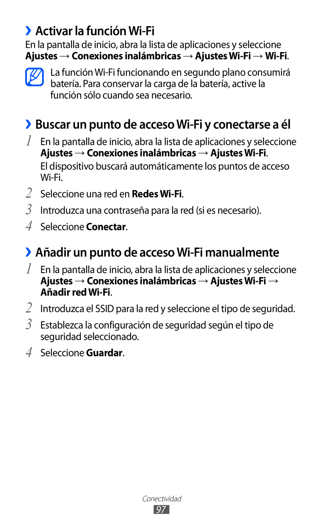 Samsung GT-S6500XKAAMN, GT-S6500RWDTMN ››Activar la función Wi-Fi, ››Añadir un punto de acceso Wi-Fi manualmente 